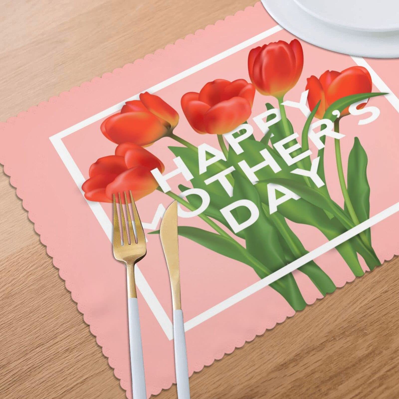 Happy Mother's Day Placemats Set of 4 - Red Tulip Floral Design 12x18 Inch Washable & Heat-Resistant Table Mats for Kitchen Dining - Perfect for Family Meals, Holiday Decor, and Home Entertaining
