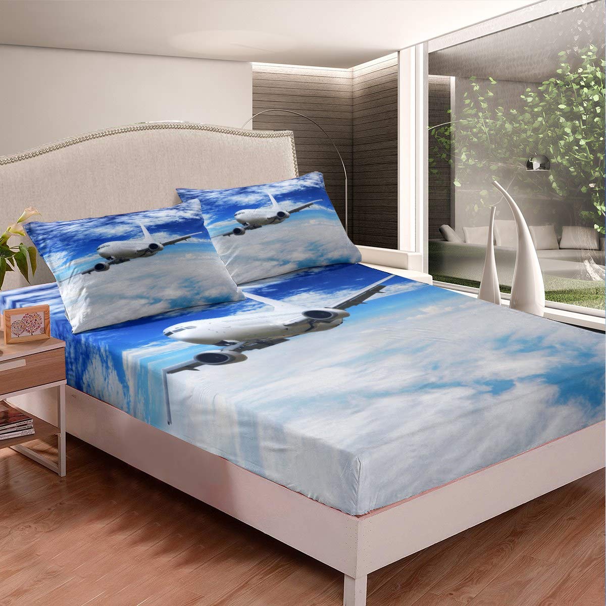 Feelyou Airplane Print Bedding Set - Queen Size Fitted Sheet, Breathable Cotton for Kids & Adults - Perfect for Travel Themed Bedrooms, Summer Comfort & Aviation Decor