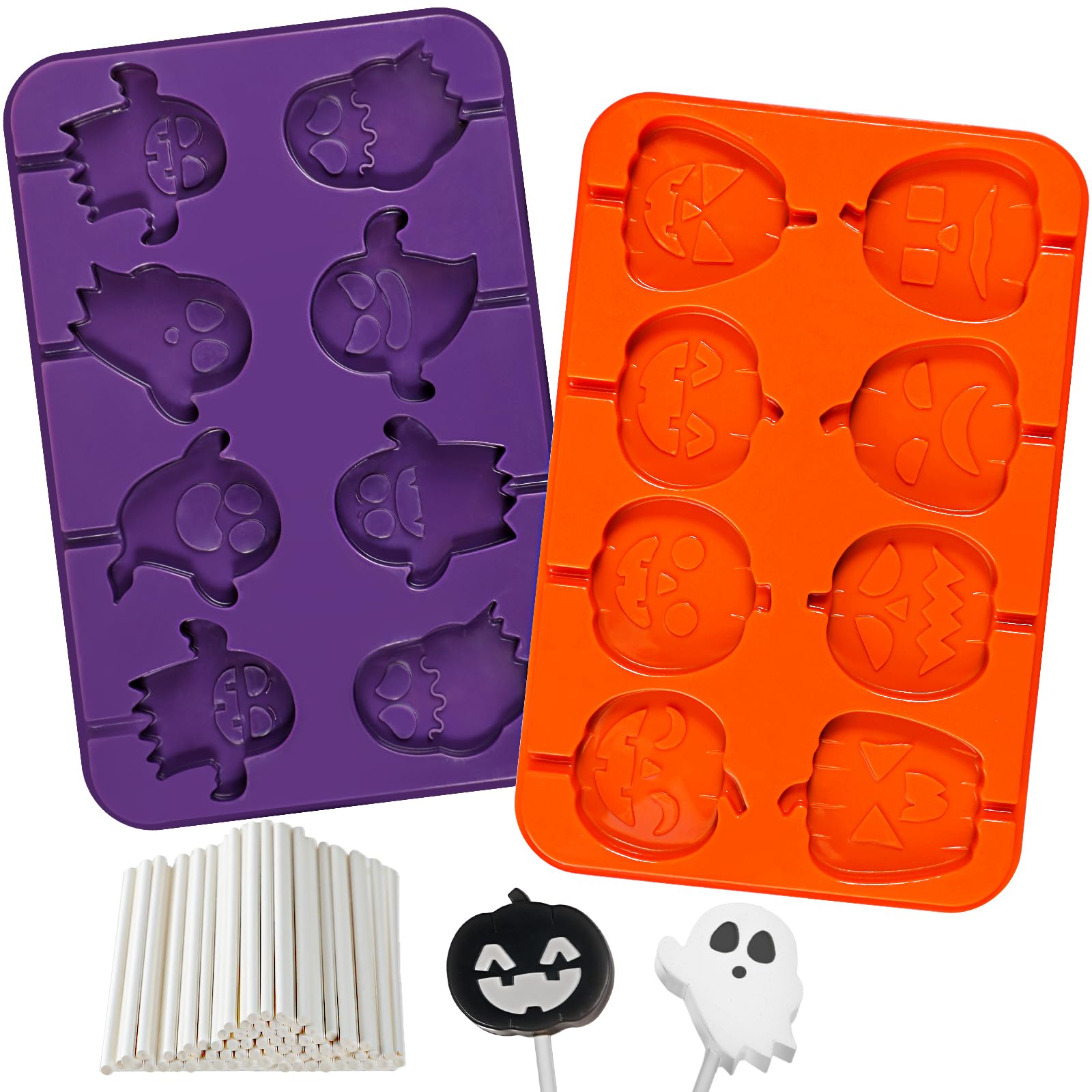 Halloween Silicone Lollipop Molds Set - Pumpkin & Ghost Shaped DIY Candy Chocolate Molds with 100 Paper Sticks for Homemade Treats | Perfect for Halloween Parties, Trick-or-Treat Favors & Holiday Baking