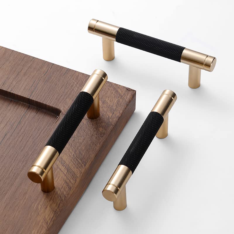 2 Pack 3 Inch (76mm) Gold and Black Knurled Bar Cabinet Pulls - Brushed Gold Aluminum Drawer Handles for Kitchen Cabinets, Dressers & Furniture (Set of 2) - Perfect for Modern Home & Office Decor