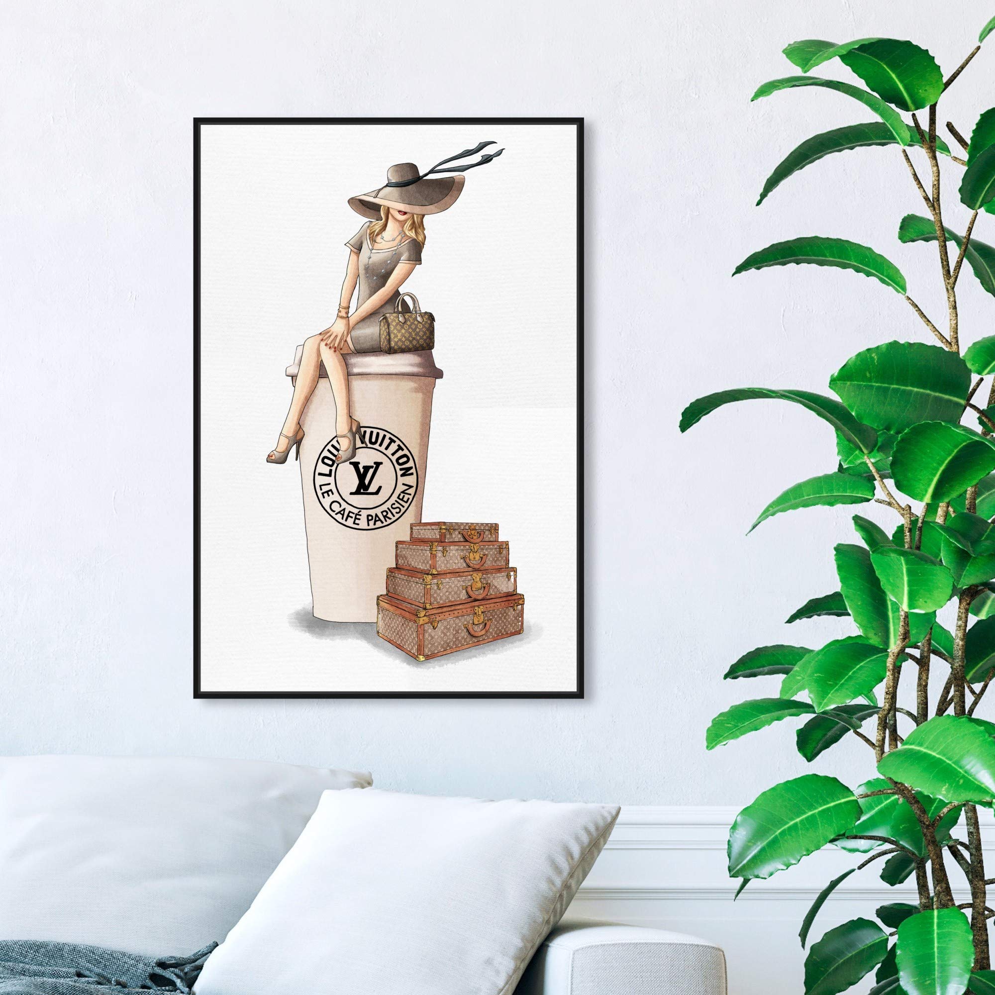 Oliver Gal Artist Co. 'Cafe au Lait Paris' Fashion Wall Art Print - 24x36 Inch Framed Canvas Painting in Brown for Living Room, Bedroom & Office Décor | Handbag & Glam Inspired Home Decor