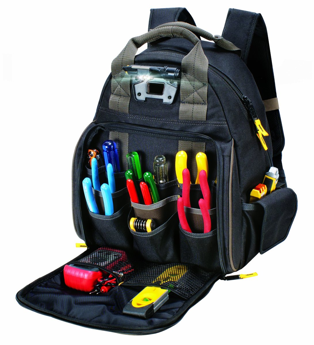 CLC Custom Leathercraft L255 Tech Gear 53-Pocket Lighted Backpack for Men & Women - Waterproof Laptop Backpack with USB Charging Port - Perfect for Travel, Hiking, Work & School (Black)