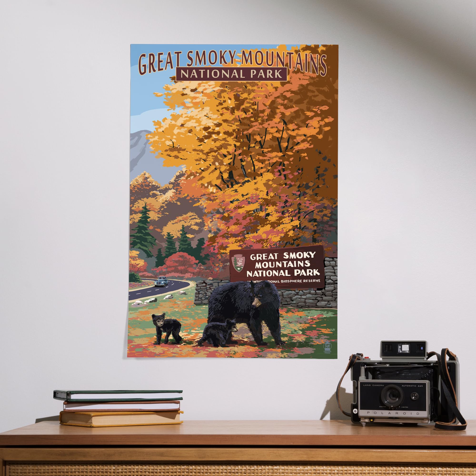 Lantern Press 16x24 Inch Giclee Art Print - Great Smoky Mountains National Park Landscape with Bear Family - Premium Wall Decor for Living Room, Bedroom & Office