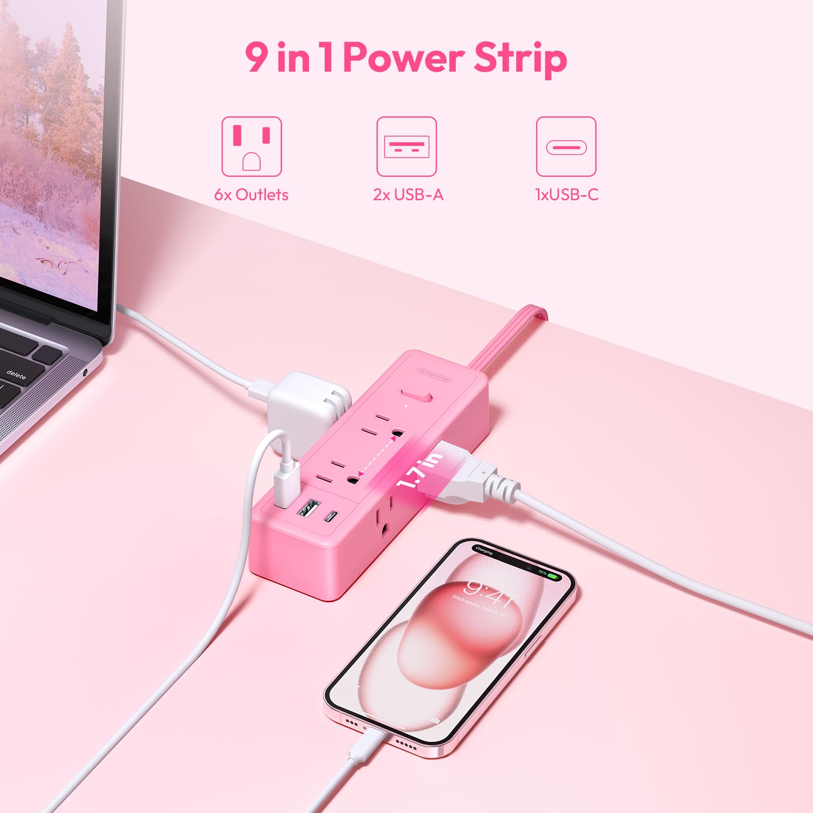 NTONPOWER 5 ft Pink Extension Cord with Surge Protector - 6 Outlets & 3 USB Ports (1 USB-C) - 1080 Joules Protection - Flat Plug Power Strip for Home, Office, Dorm - Perfect for Charging Multiple Devices & Small Appliances