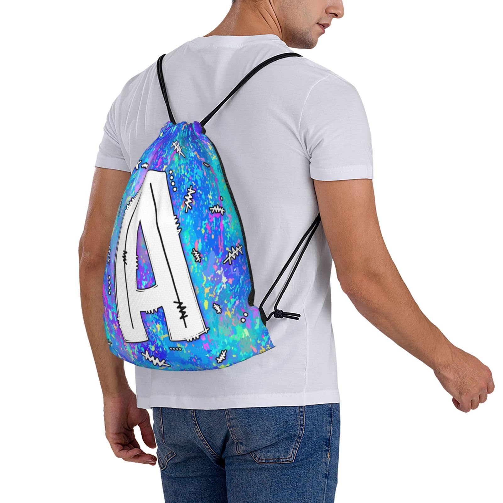 Drawstring Backpack - Lightweight Sport Gym Sackpack with Initial Letter (Blue) - Bulk String Cinch Bags for Men & Women - Perfect for Workouts, Travel & School Supplies Storage