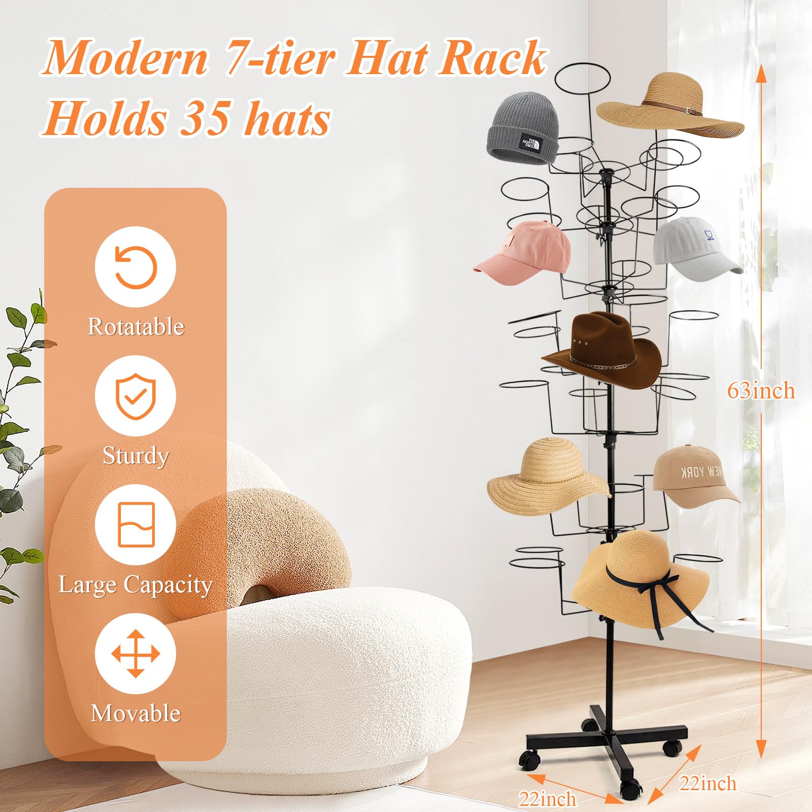 7-Tier Rotating Free Standing Hat Rack Stand with 35 Hooks - Metal Wig Organizer for Multiple Wigs & Baseball Caps - Space Saving Closet Storage Solution for Bedroom, Dressing Room or Retail Store Display
