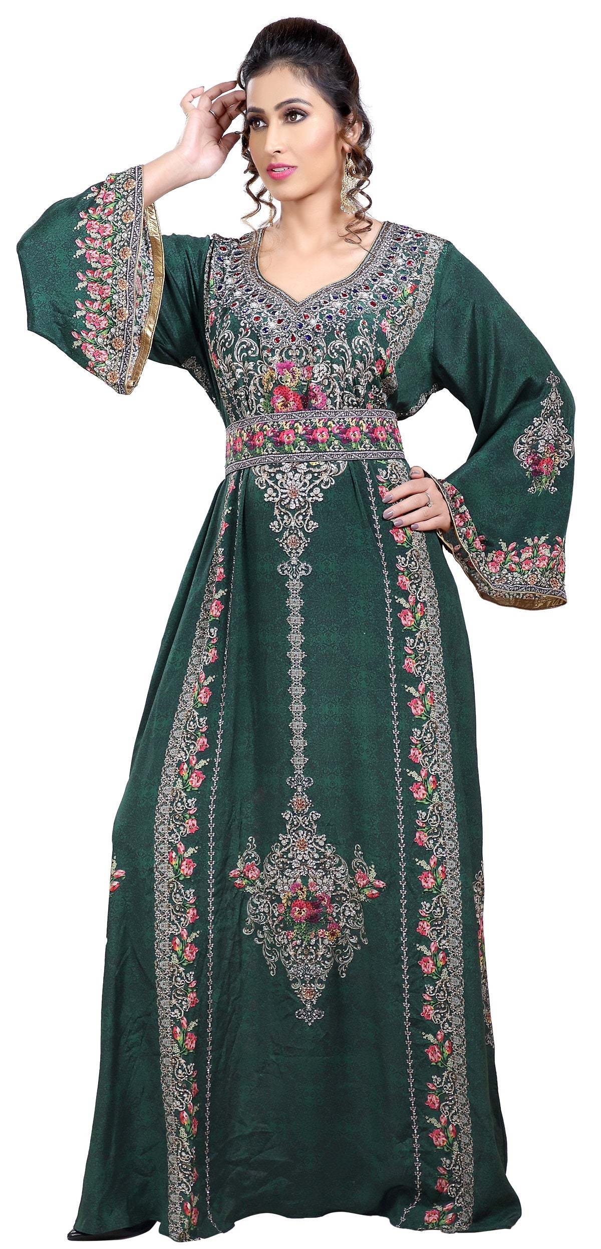 Floral Print Kaftan Dress with Embroidered Belt - Women's Boho Maxi Dress for Beach, Vacation & Summer Outfits