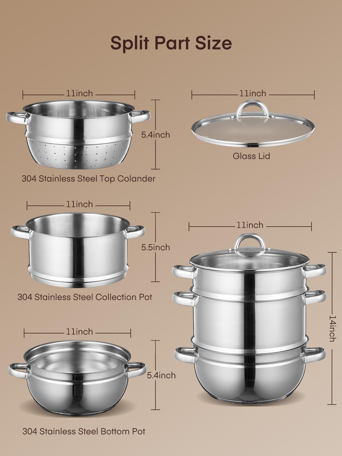 FOHERE 11Qt Stainless Steel Steam Juicer Extractor - Fruit & Vegetable Juice Steamer Pot with Glass Lid, Hose & Clamp - Perfect for Fresh Juice, Jelly, Sauces - Great for Home Canning, Preserves & Healthy Drinks