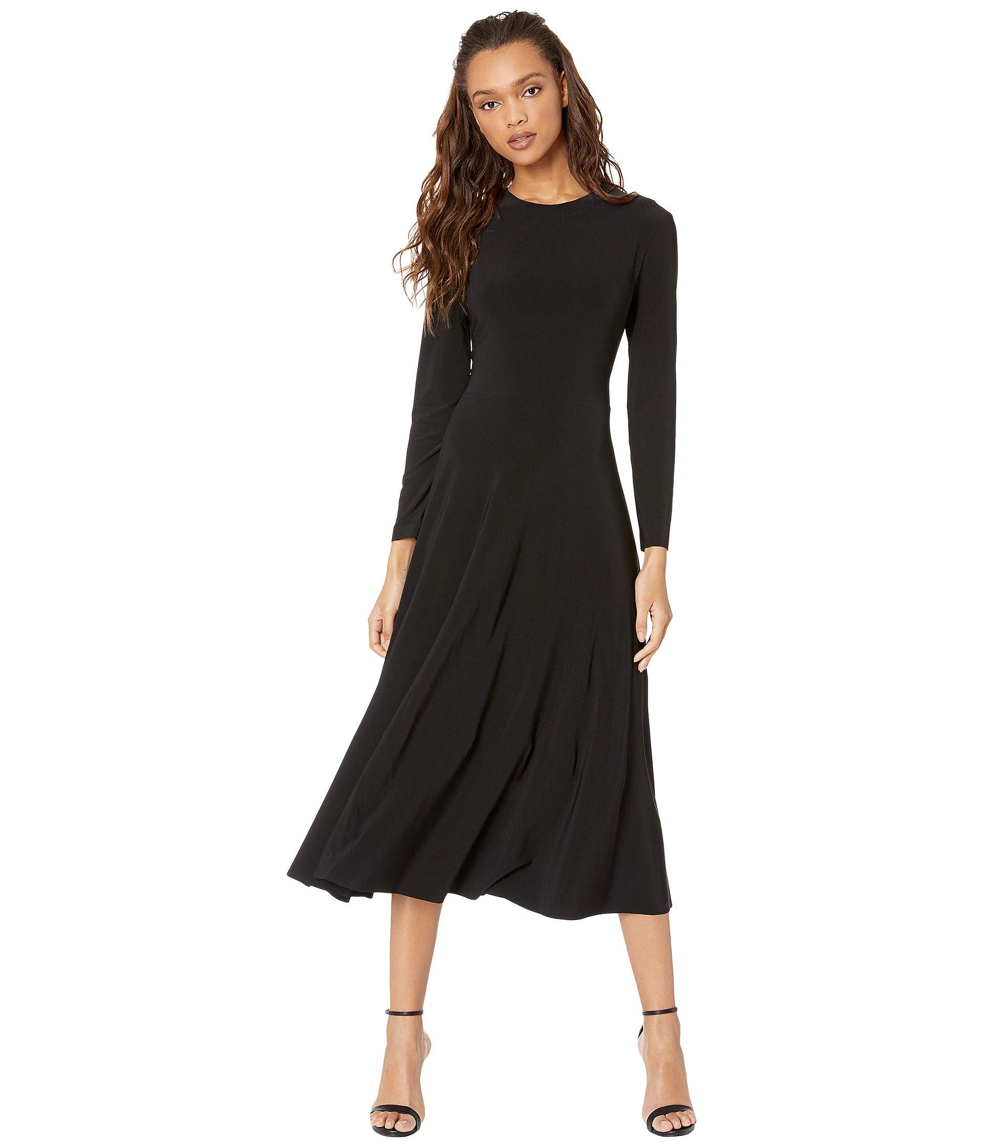 Norma Kamali Women's Long Sleeve Flared Dress - Elegant A-Line Midi Dress for Parties, Weddings & Special Occasions