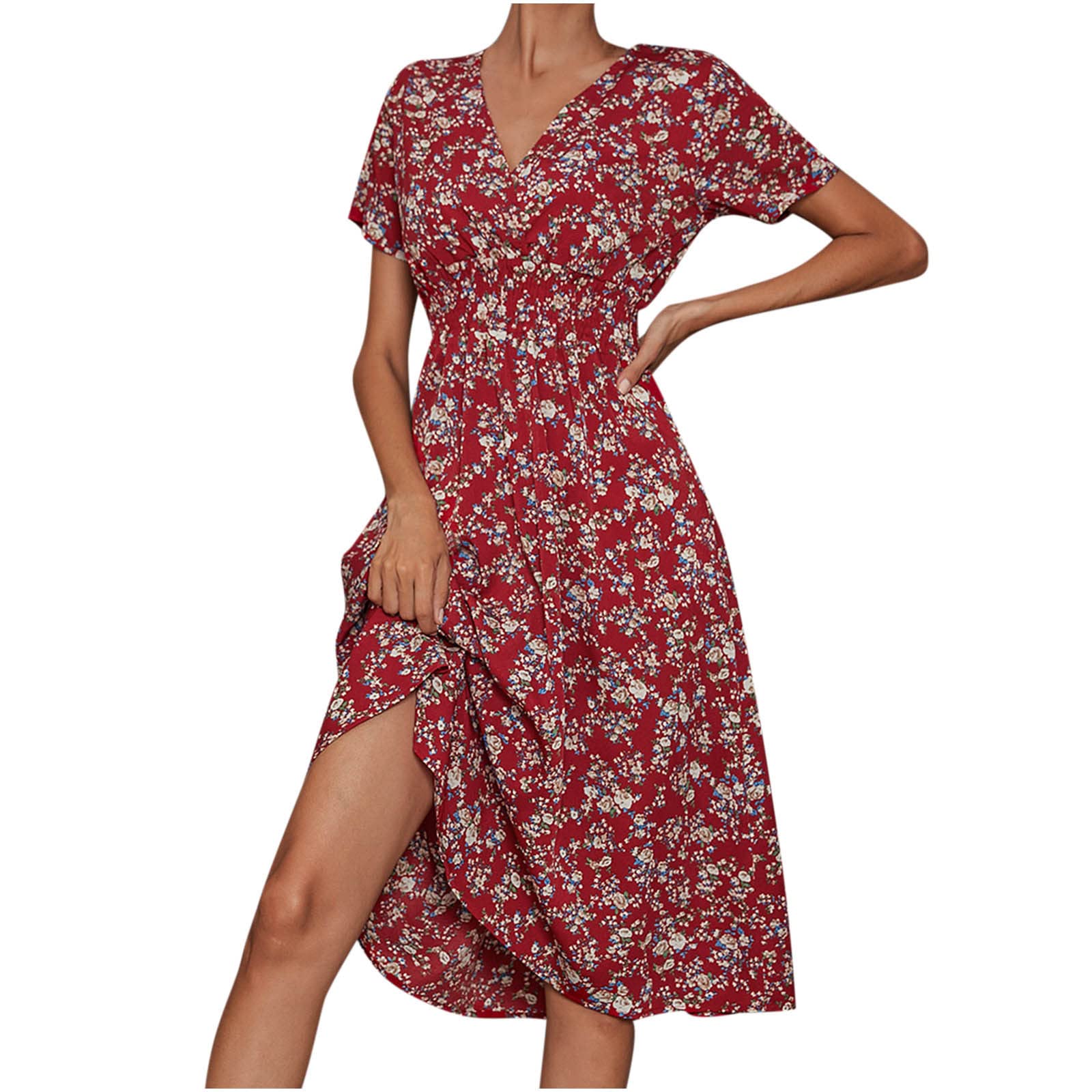 AMhomely Women's Floral Print Casual Dress - Short Sleeve V-Neck Midi Dress for Work, Office & Wedding Guest (Plus Size Available) | Summer Party, Church, Date Night Outfit