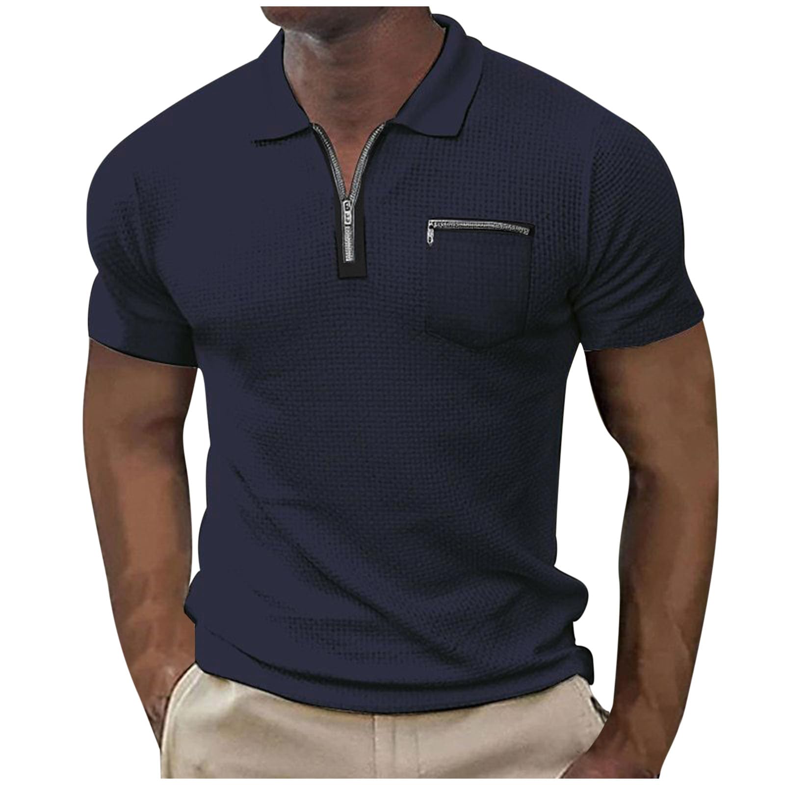 Men's Waffle Polo Shirts with Pocket - Short Sleeve Zipper T-Shirts for Summer Golf, Work & Casual Wear - Breathable Comfort Shirts for Dads & Business Professionals
