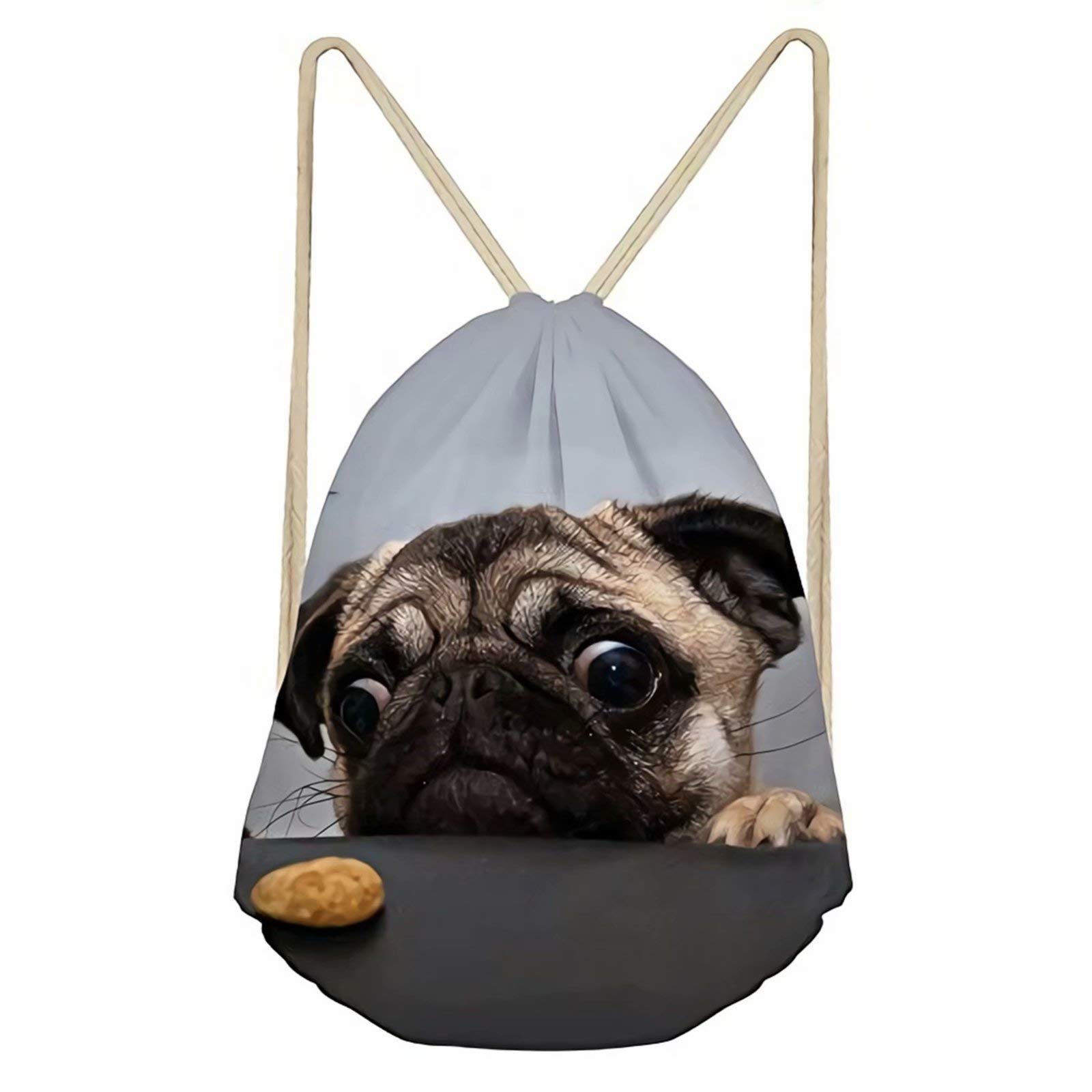 **STUOARTE 3D Cute Pug Drawstring Backpack - Lightweight Travel Sackpack Bag for Gym, Outdoor Sports & Daily Use - Portable Daypack for Men & Women (Gray)**    **Usage Scenarios:** Perfect for gym workouts, hiking, travel, school, beach trips, and casual everyday outings.