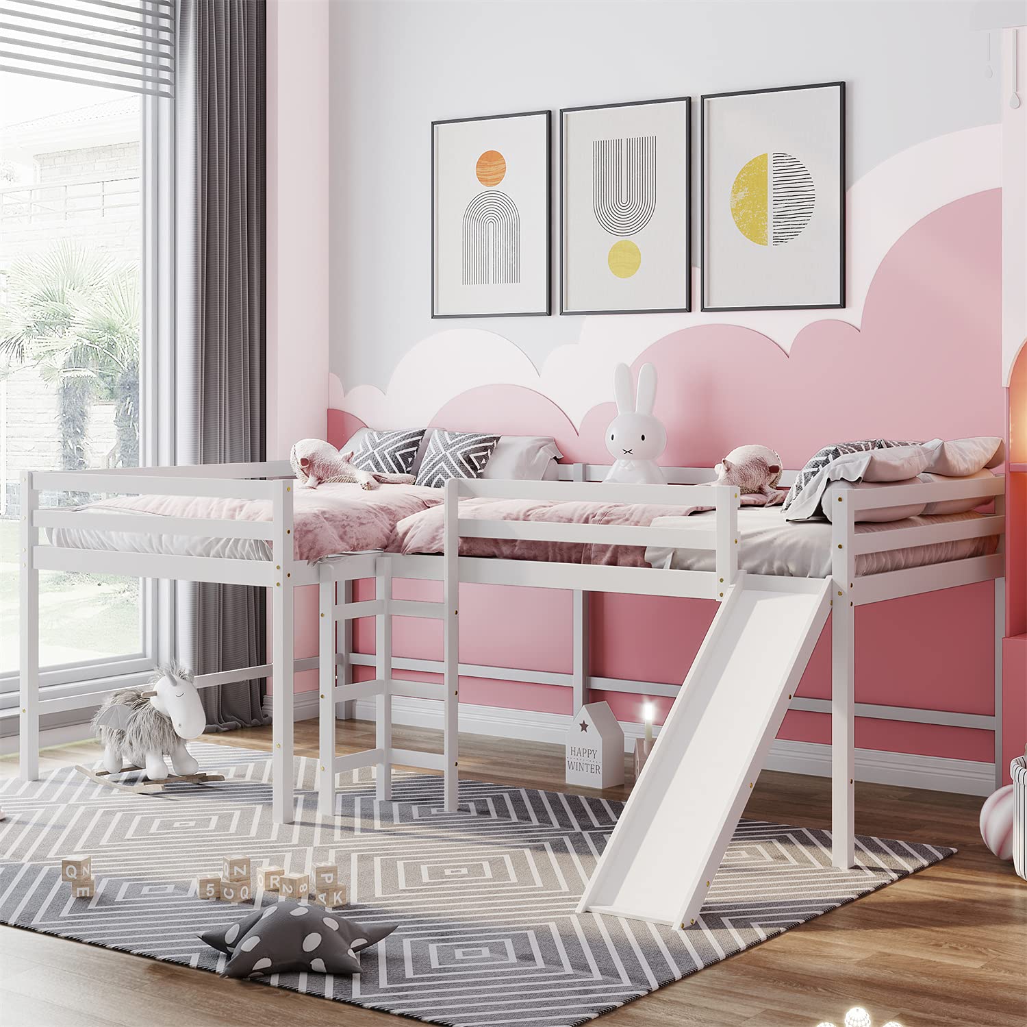 L-Shape Loft Beds with Slide - Full Size Wooden Corner Loft Bed Frame for Kids, Teens & Adults - Space-Saving Twin/Full Bunk Bed for Small Rooms - Perfect for Bedrooms, Dorms & Apartments (White)