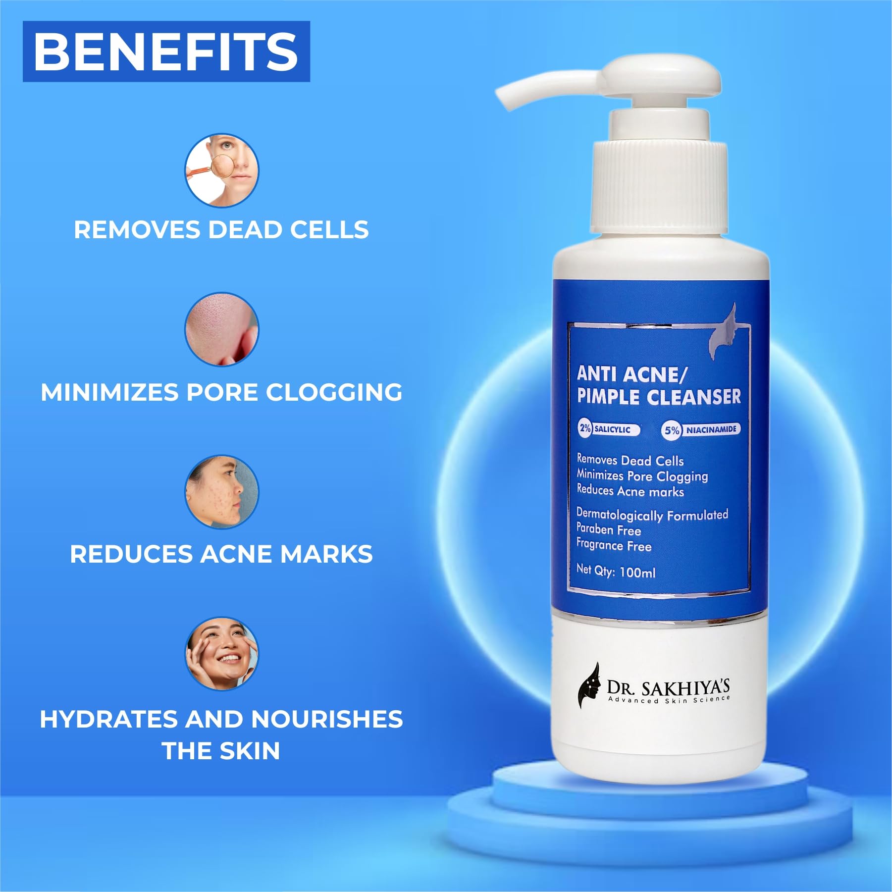 DR. SAKHIYA'S Anti Acne & Pimple Face Cleanser with 2% Salicylic Acid & 5% Niacinamide - 100ml, Paraben & Fragrance Free - Gentle Daily Face Wash for Oily & Acne-Prone Skin - Perfect for Morning & Night Skincare Routine