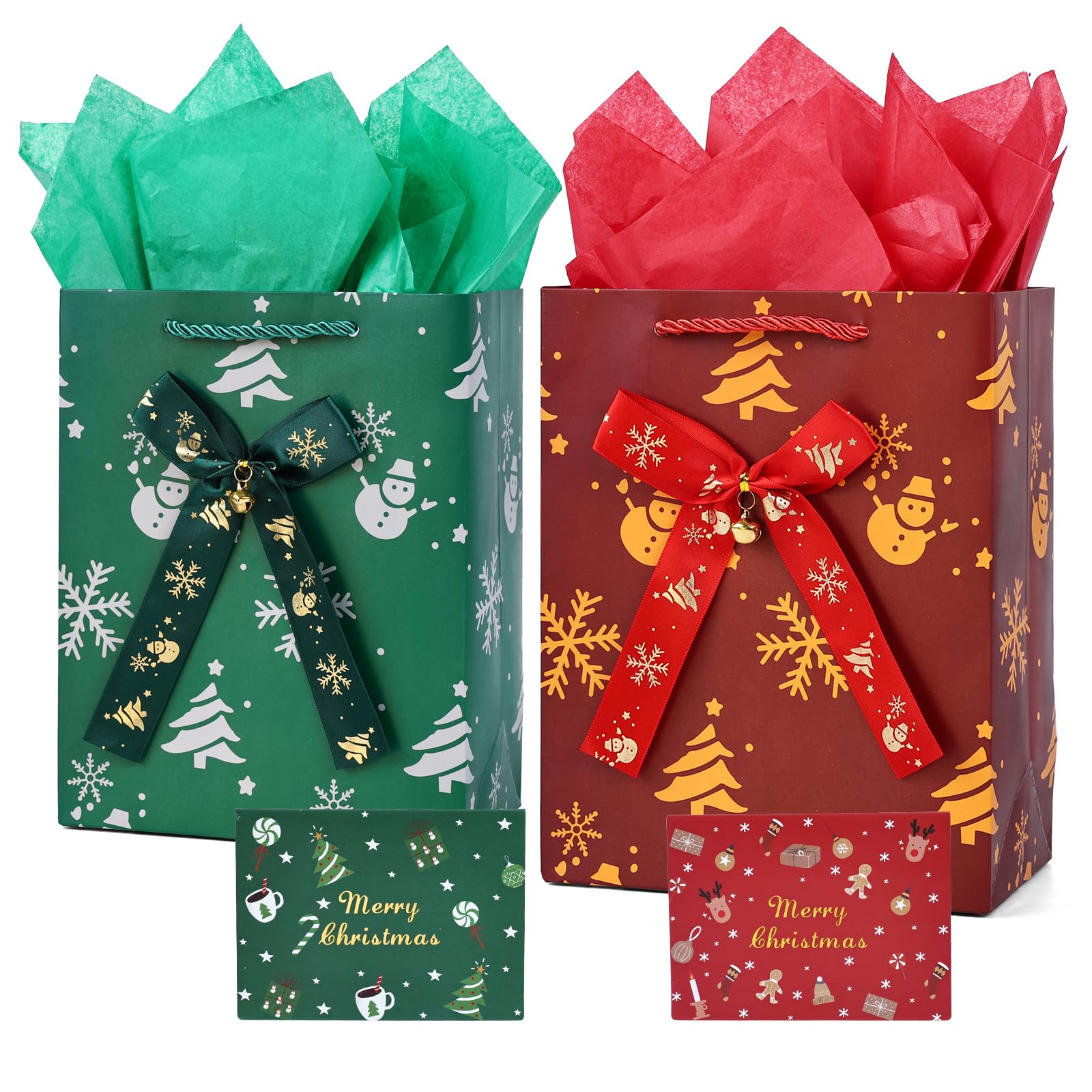 JMANNI Christmas Gift Bags with Tissue Paper & Bells - 2 Styles Small Holiday Gift Bags for Xmas Wrapping, Party Favors & Present Giving - Perfect for Christmas Parties, Office Gifts & Holiday Celebrations