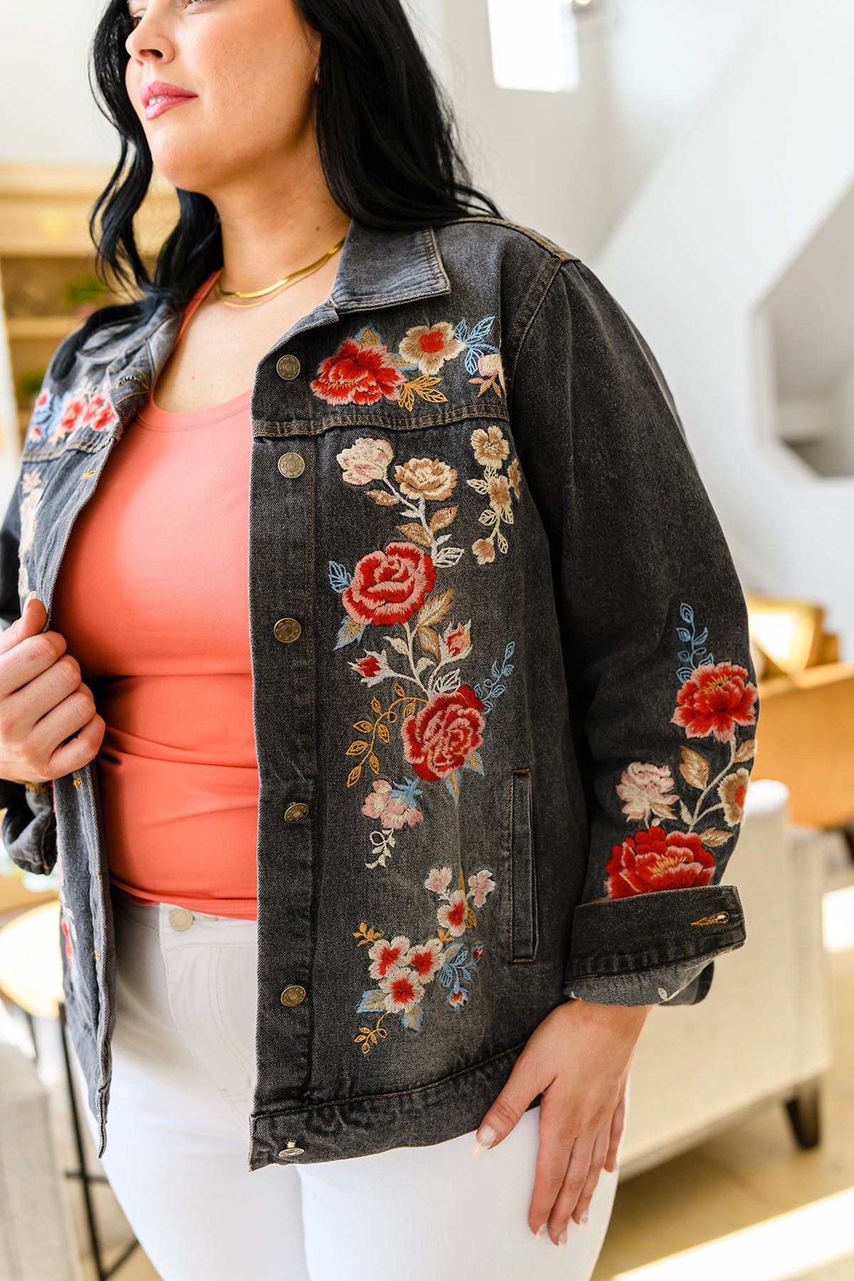 Stylish Floral Embroidered Denim Jacket for Women - Trendy Spring & Fall Outerwear for Casual Outings & Date Nights