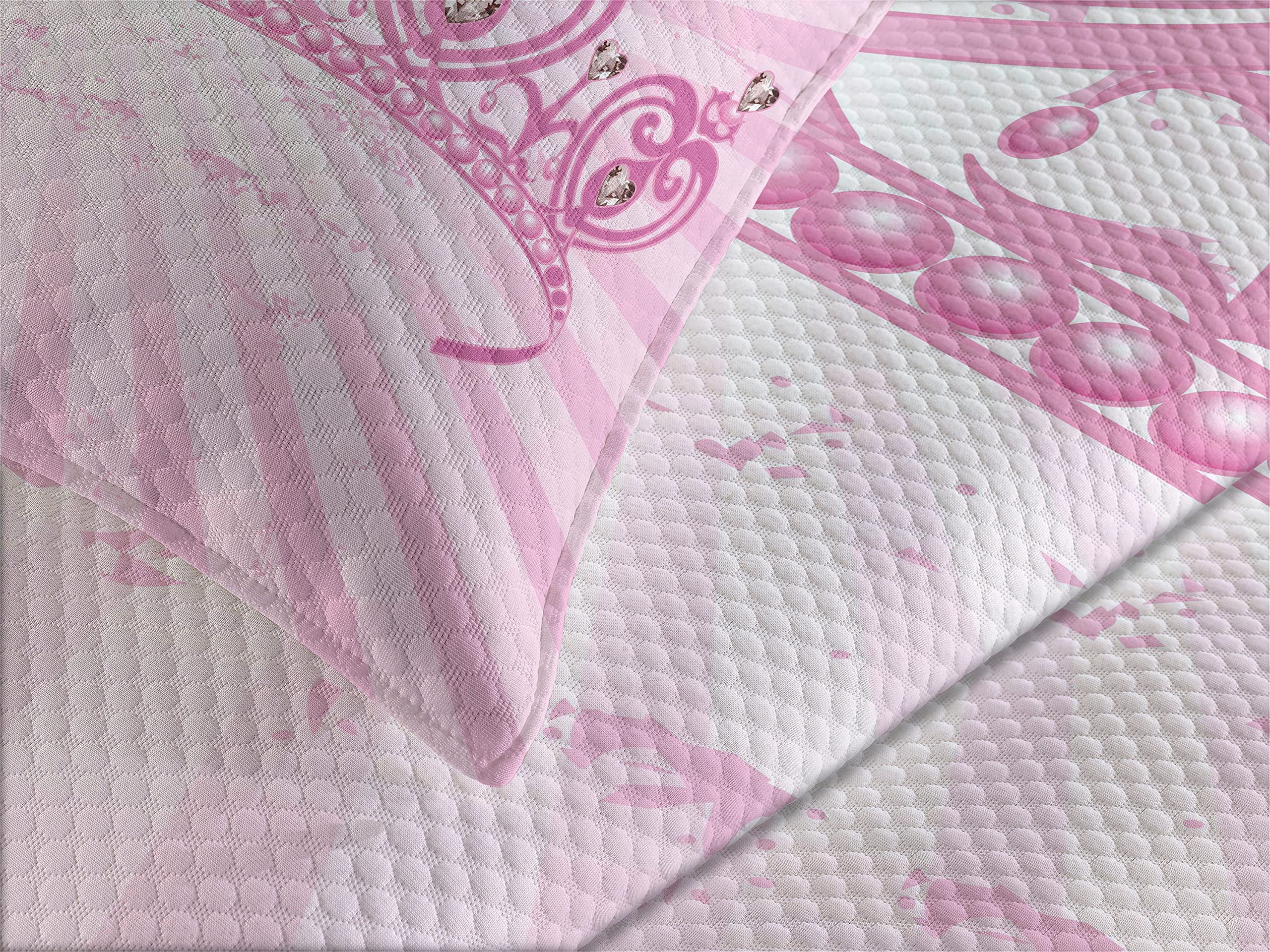 Ambesonne Queen Bedspread Set - Pink Heart Shaped Cartoon Crown on Radial Backdrop, Romantic 3-Piece Bedding with Coverlet & 2 Pillow Shams, Twin Size in Pale Pink | Perfect for Valentine's Day, Anniversary Gifts & Cozy Bedroom Decor