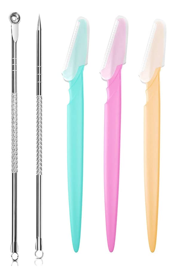 2 Pack Blackhead Remover & Pimple Popper Tool Kit - Stainless Steel Blemish Extractor for Whitehead & Blackhead Removal - Includes 3 Eyebrow Razors - Safe Acne Treatment for Face & Nose - Perfect for Home Skincare & Travel