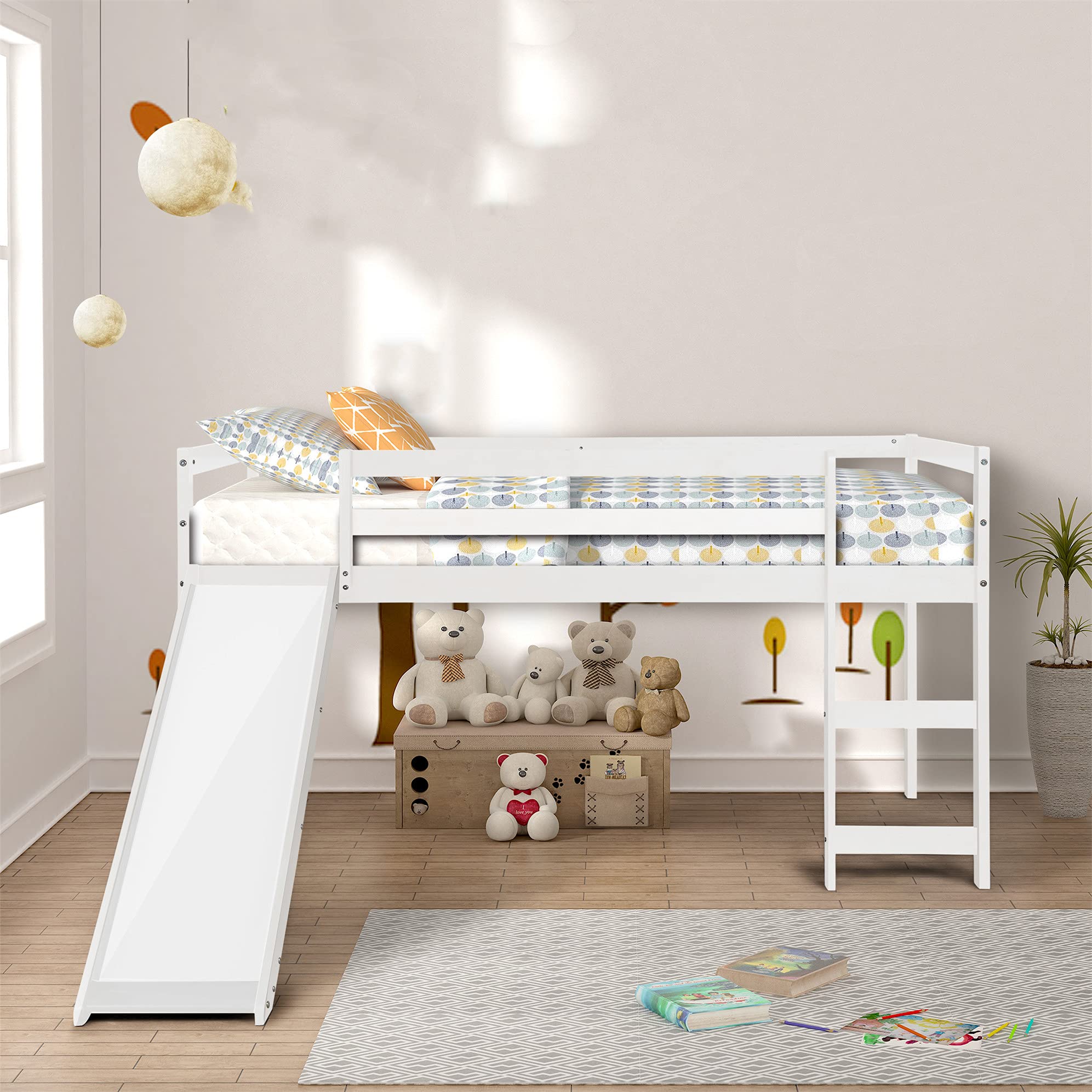Harper & Bright Designs Twin Size Low Loft Bed with Slide - White Wooden Kids Bunk Bed Frame for Boys & Girls - Perfect for Small Bedrooms, Playrooms & Dorm Rooms