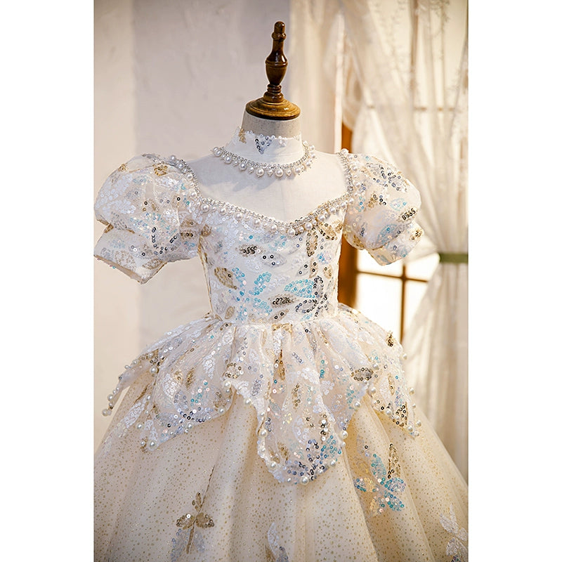 Champagne Princess Round Floor Length Sequined Flower Girl Dress for Weddings, Pageants & Special Occasions