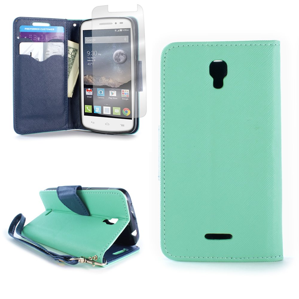 CoverON® Wallet Case for Alcatel One Touch Pop Astro - Flip Credit Card Holder Phone Cover with Wrist Strap & Screen Protector (Teal & Navy Blue) | Perfect for Hands-Free Use While Shopping or Traveling