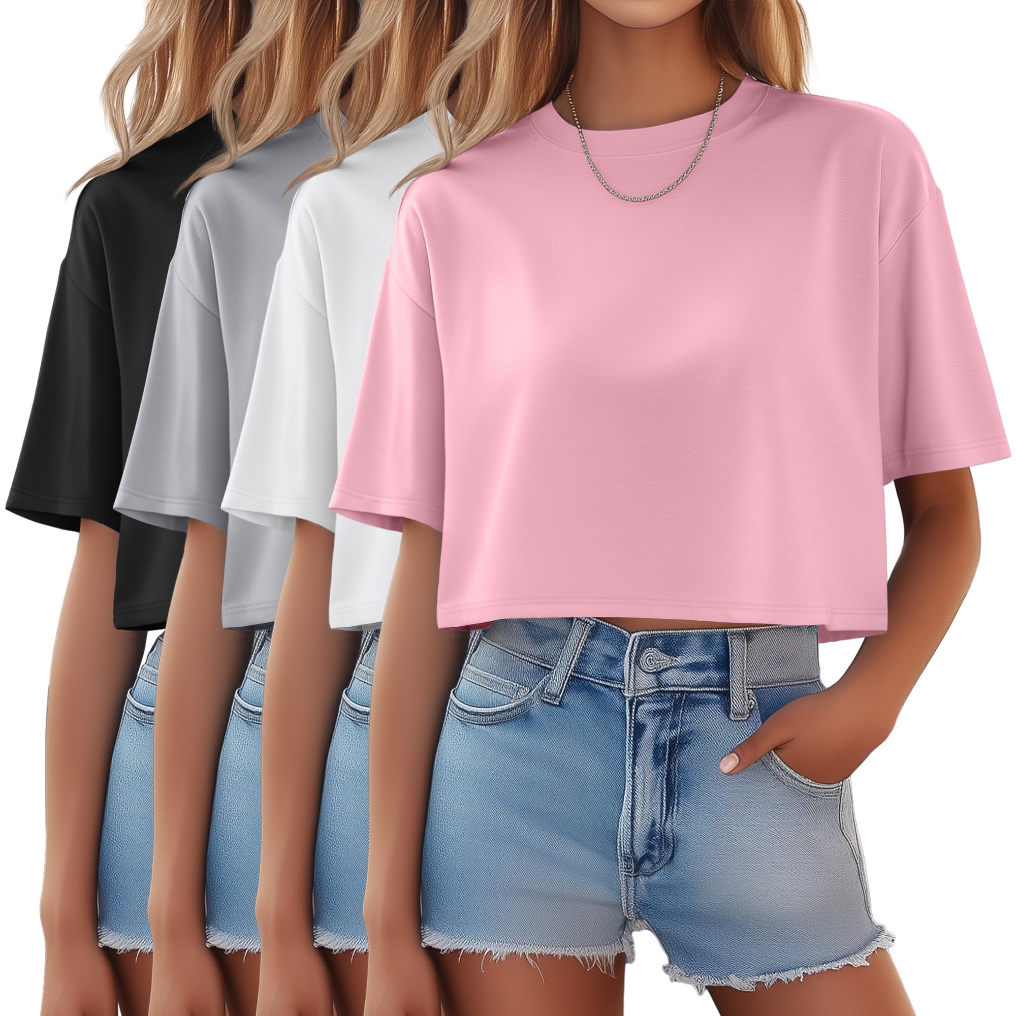 Riyiper 4 Pack Women's Half Sleeve Crop Tops - Casual Crew Neck Plain T-Shirts for Spring & Summer | Workout, Yoga, Office & Everyday Wear