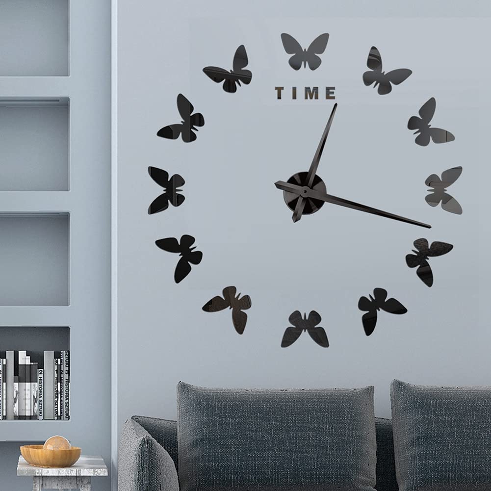 Large DIY 3D Wall Clock Stickers - Super Big Butterfly Silver Decals for Home Decor | Perfect for Living Room, Bedroom & Office Wall Art