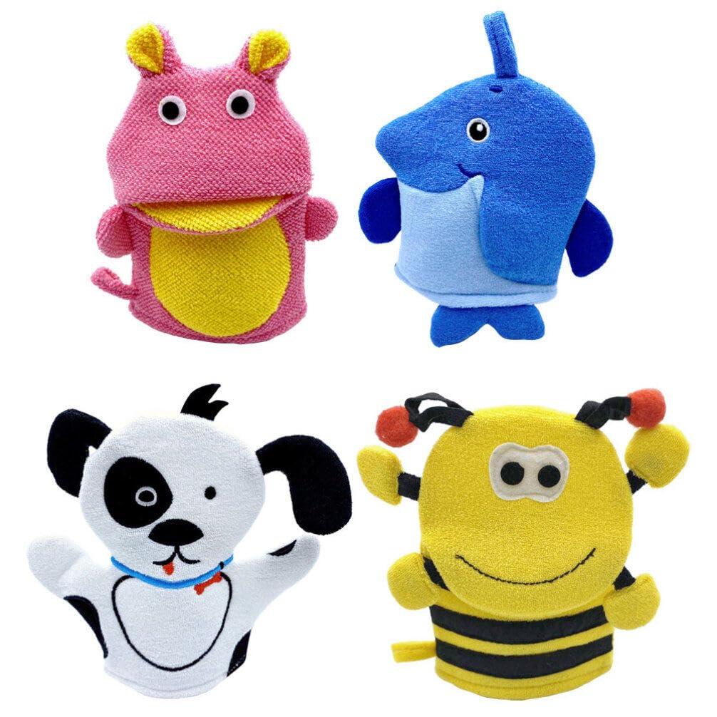 **4-Pack Cartoon Bath Mitts for Kids - Soft Wash Gloves & Body Towels for Toddlers - Portable Shower Mittens for Gentle Cleaning - Perfect for Bath Time, Baby Care & Sensitive Skin**    *(Ideal for Gentle Bathing, Baby Hygiene, Sensitive Skin Care & Fun Shower Time for Toddlers)*