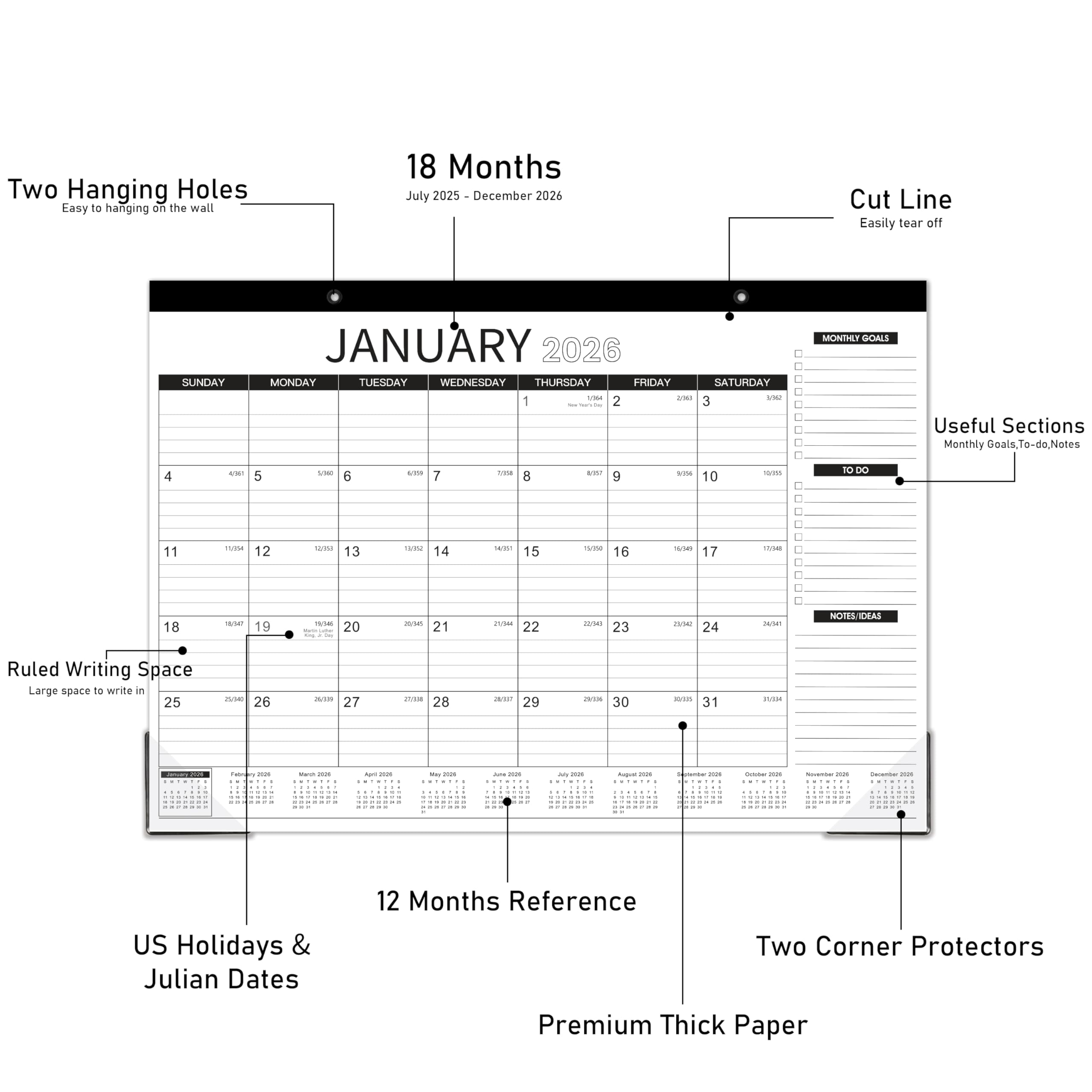 2025-2026 Desk Calendar | 18-Month Planner (July 2025 - December 2026) | 2-in-1 Desktop & Wall Calendar | 17