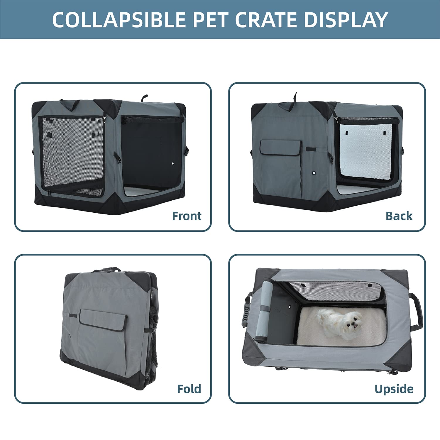 Pettycare 42 Inch Large Collapsible Dog Crate - 4-Door Foldable Soft Kennel with Chew Proof Mesh Windows for Indoor & Outdoor Use | Travel, Camping & Home Pet Carrier for Big Dogs