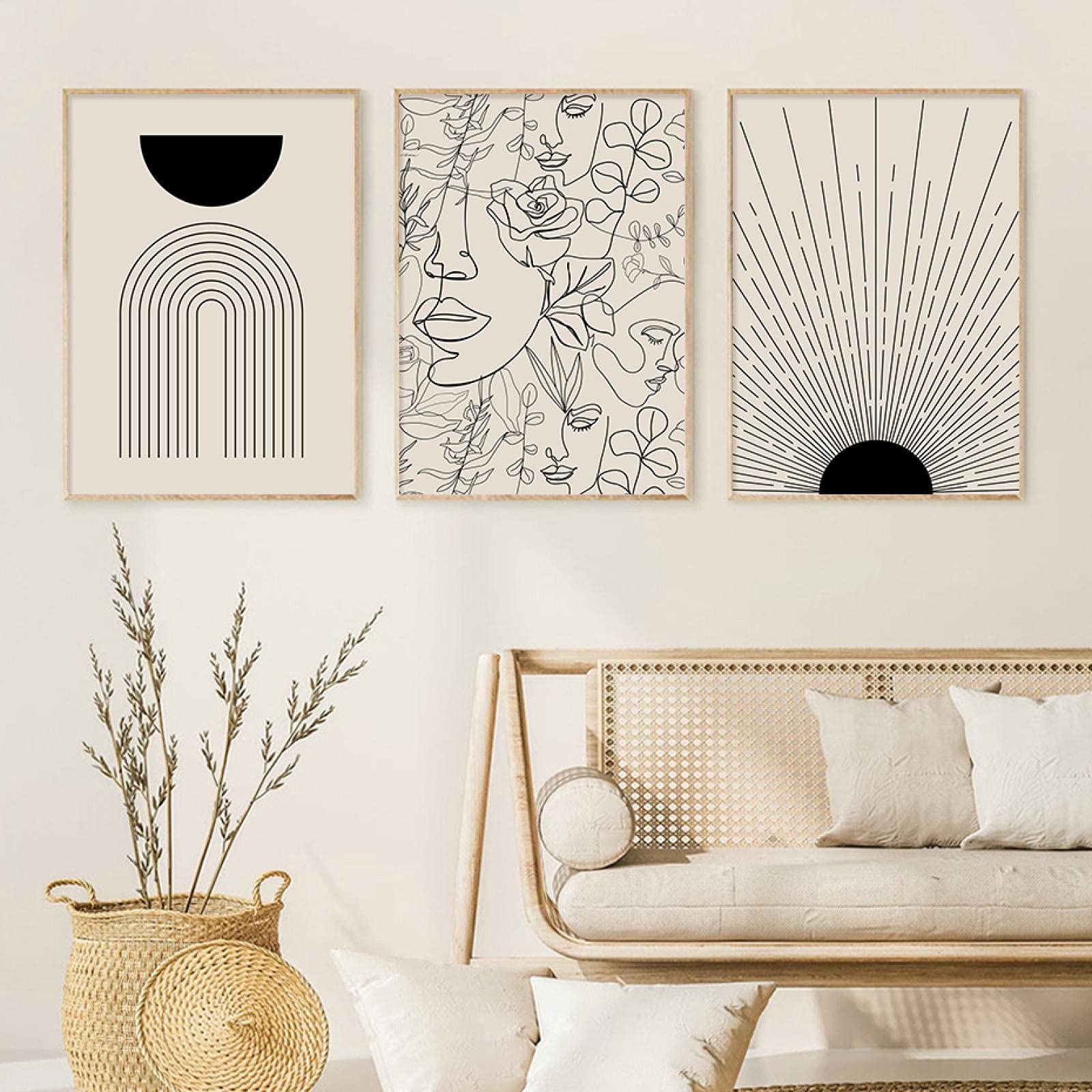 Bohemian Floral Woman Face Canvas Wall Art - Set of 3 Abstract Paintings 50x70cm for Living Room Decor | Frameless Modern Home Decorations | Perfect for Boho Chic, Bedroom & Office Wall Decor