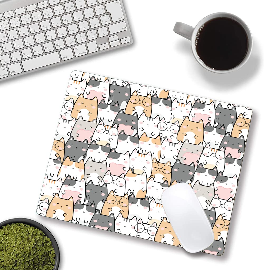 Cute Cat Kitten Mouse Pad - Non-Slip Rubber Base, Waterproof Cloth Surface for Office & Laptop Use - Kawaii Square Mousepad for Wireless Mouse, Perfect for Gaming, Work & Home Desk Accessories