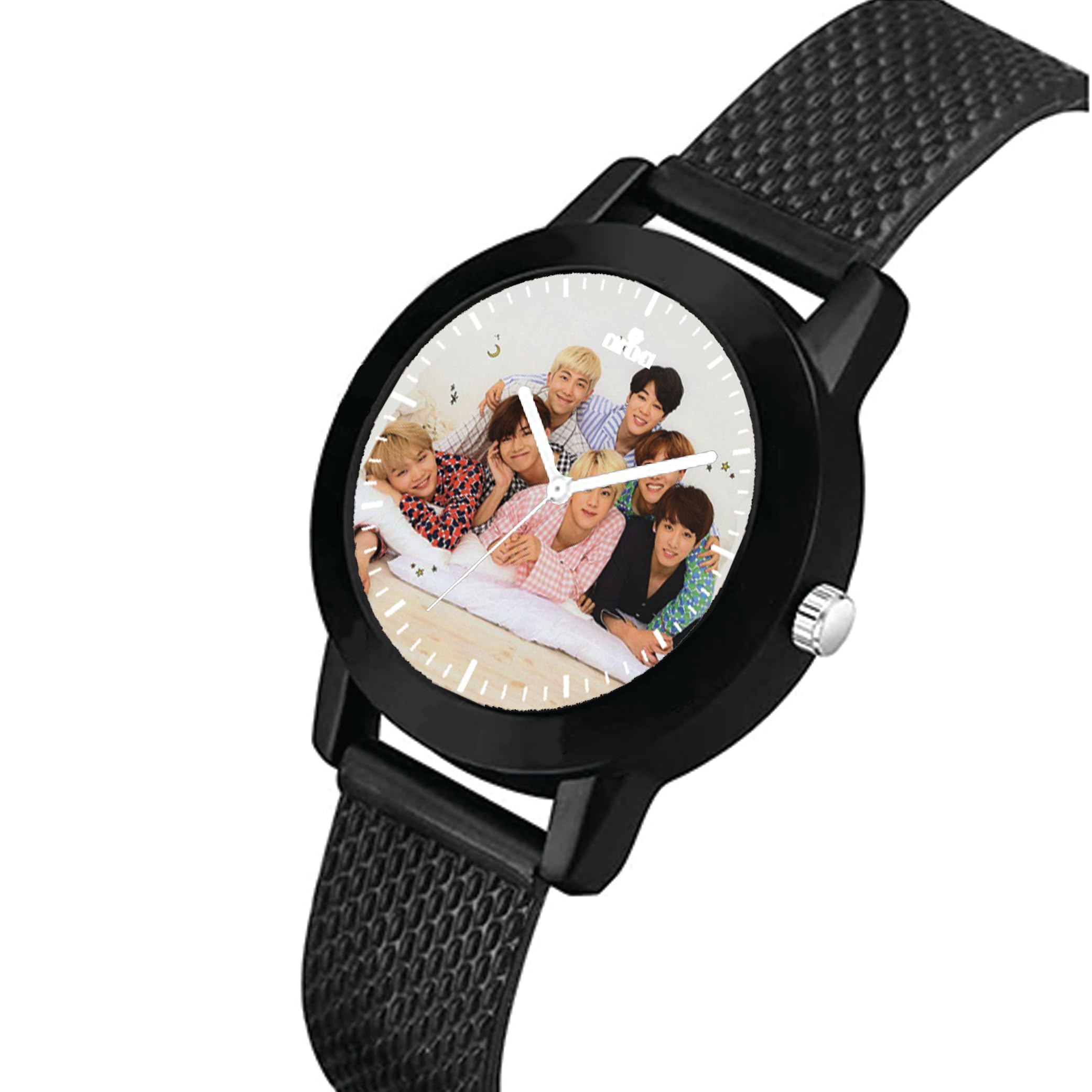 AROA Women's Stylish Analog Watch with Cute BTS in Pajamas Design - Black Metal & Rubber Band, White Dial - Perfect for Everyday Wear, Fashion Accessories, and BTS Fans Gift