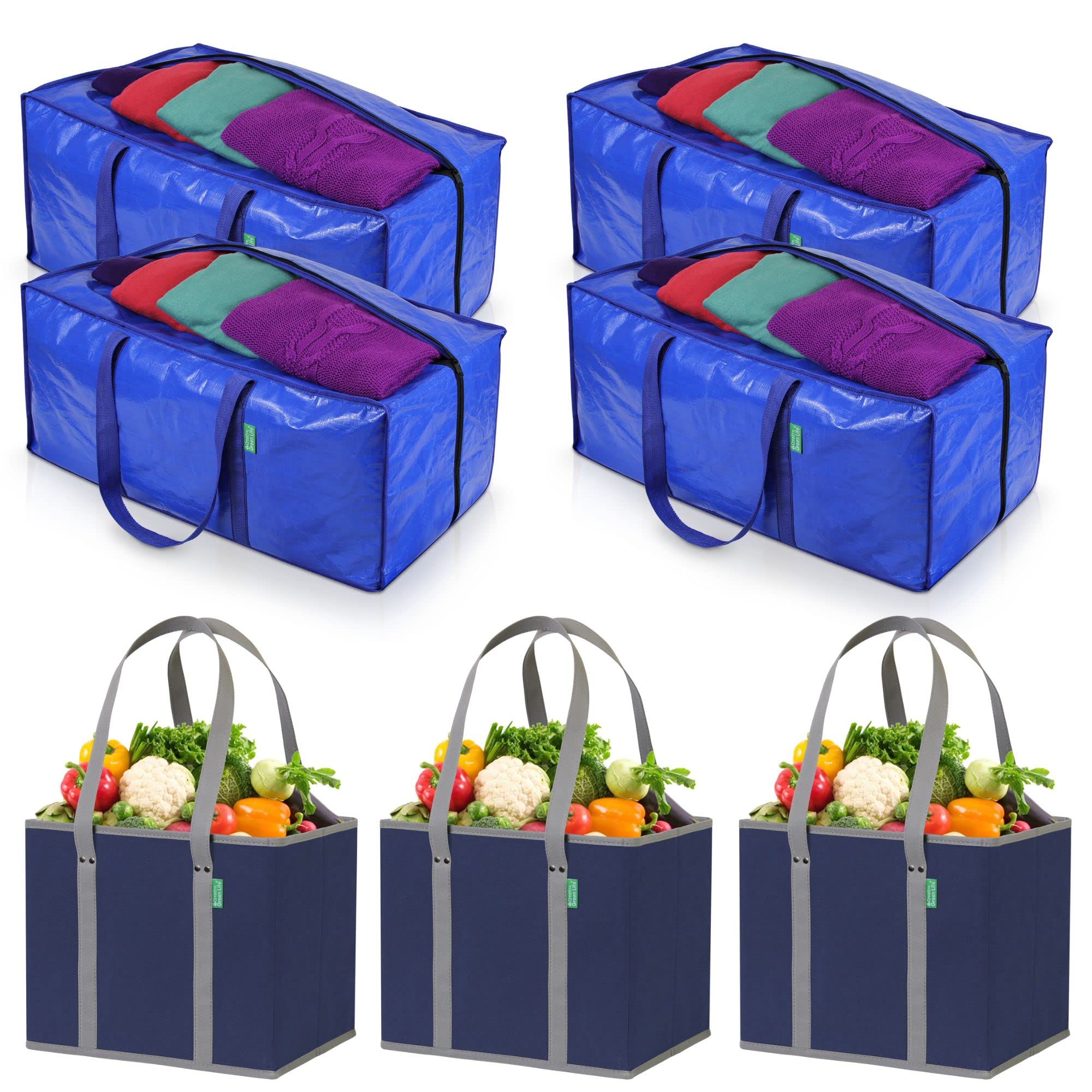 Premium Eco-Friendly Tote Bag Set (7-Pack) - 3 Reusable Grocery Bags & 4 Moving Storage Bags | Sustainable Shopping, Home Organization & Travel Essentials