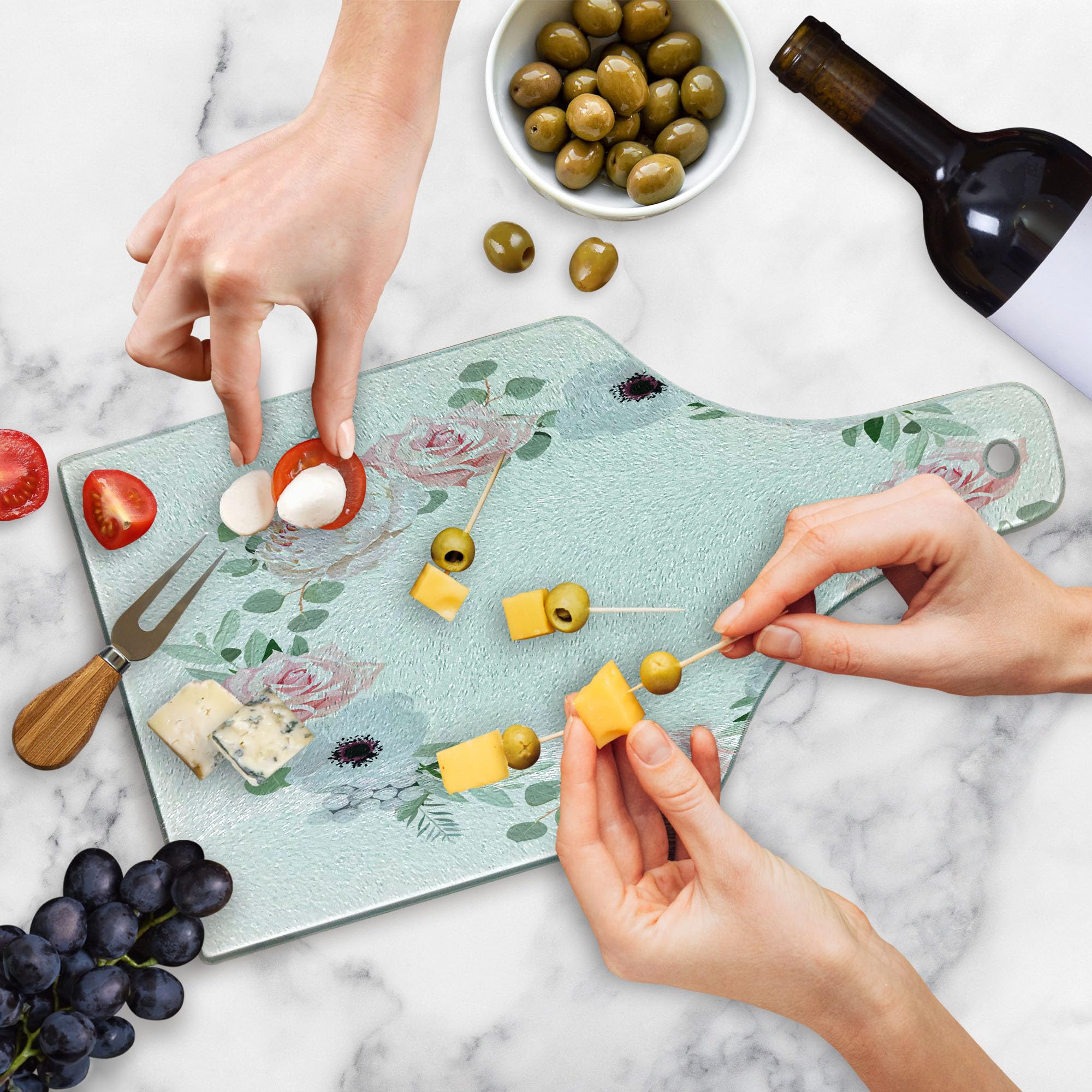 Ambesonne Anemone Flower Tempered Glass Cutting Board - Decorative Peony Rose Brunia Eucalyptus Leaves Round Wreath Design - Wine Bottle Shape Serving Board in Almond Green, Pale Pink & White - Perfect for Charcuterie, Cheese Platters & Wine Pairings