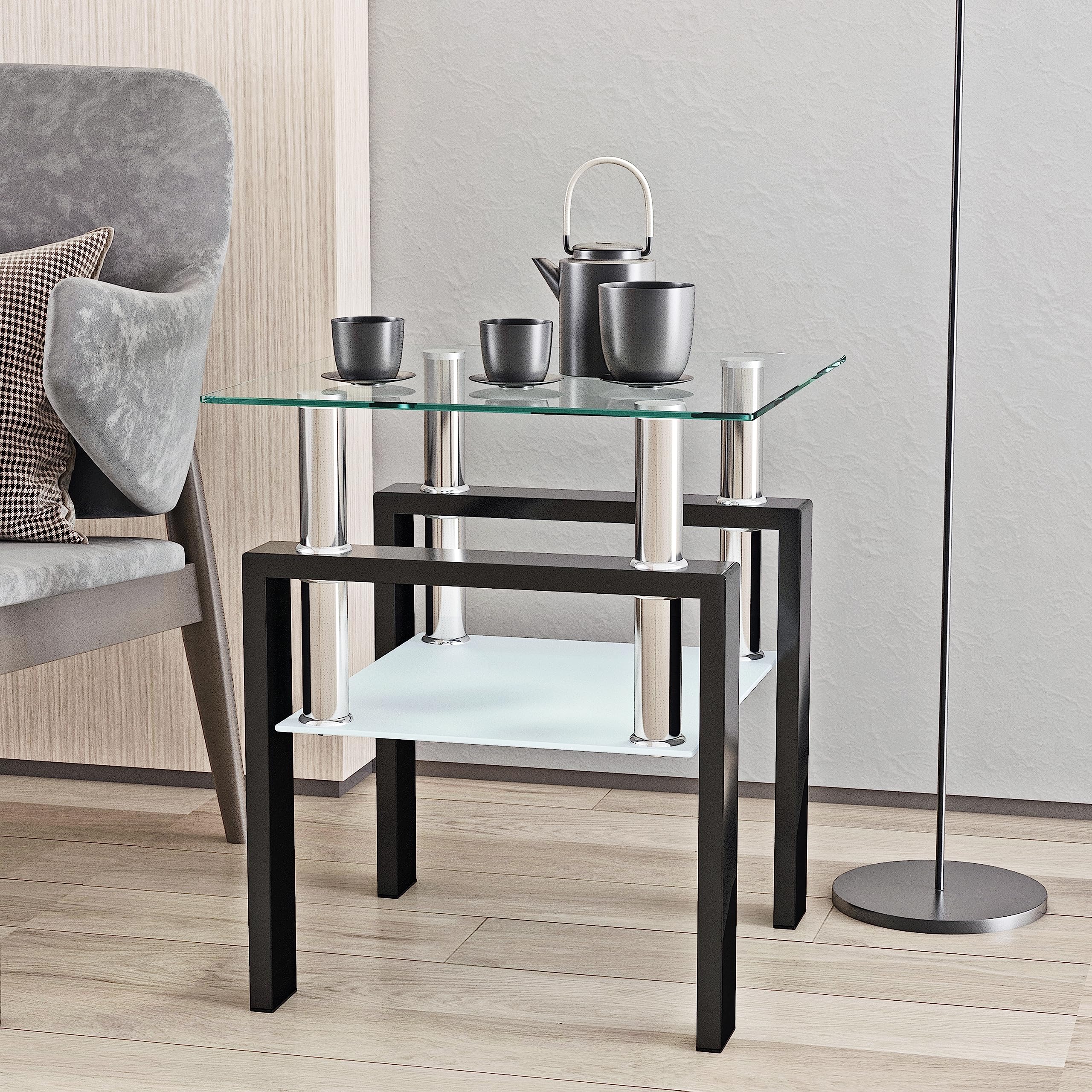 Modern Square Glass End Table with Sturdy Metal Legs - Small Coffee Table, Nightstand, or Bedside Table for Living Room & Bedroom - Perfect for Tea Time, Reading Nook, or Bedside Storage