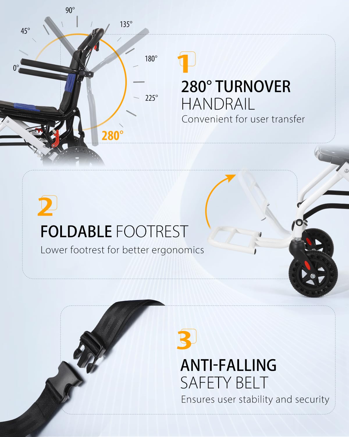 Lightweight Transport Wheelchair - Portable Folding Wheelchair with Extra-Wide Armrests & 10