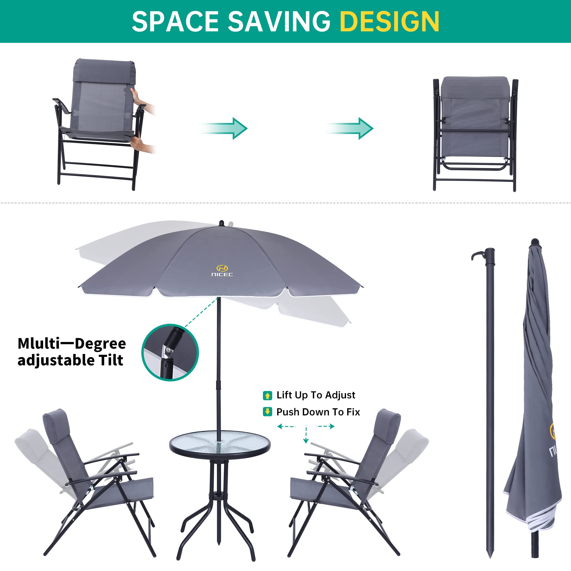 Premium 4-Piece Outdoor Patio Dining Set with Umbrella - Grey Glass Table & 2 Folding Chairs - Perfect for Garden, Backyard, Poolside & Balcony Relaxation