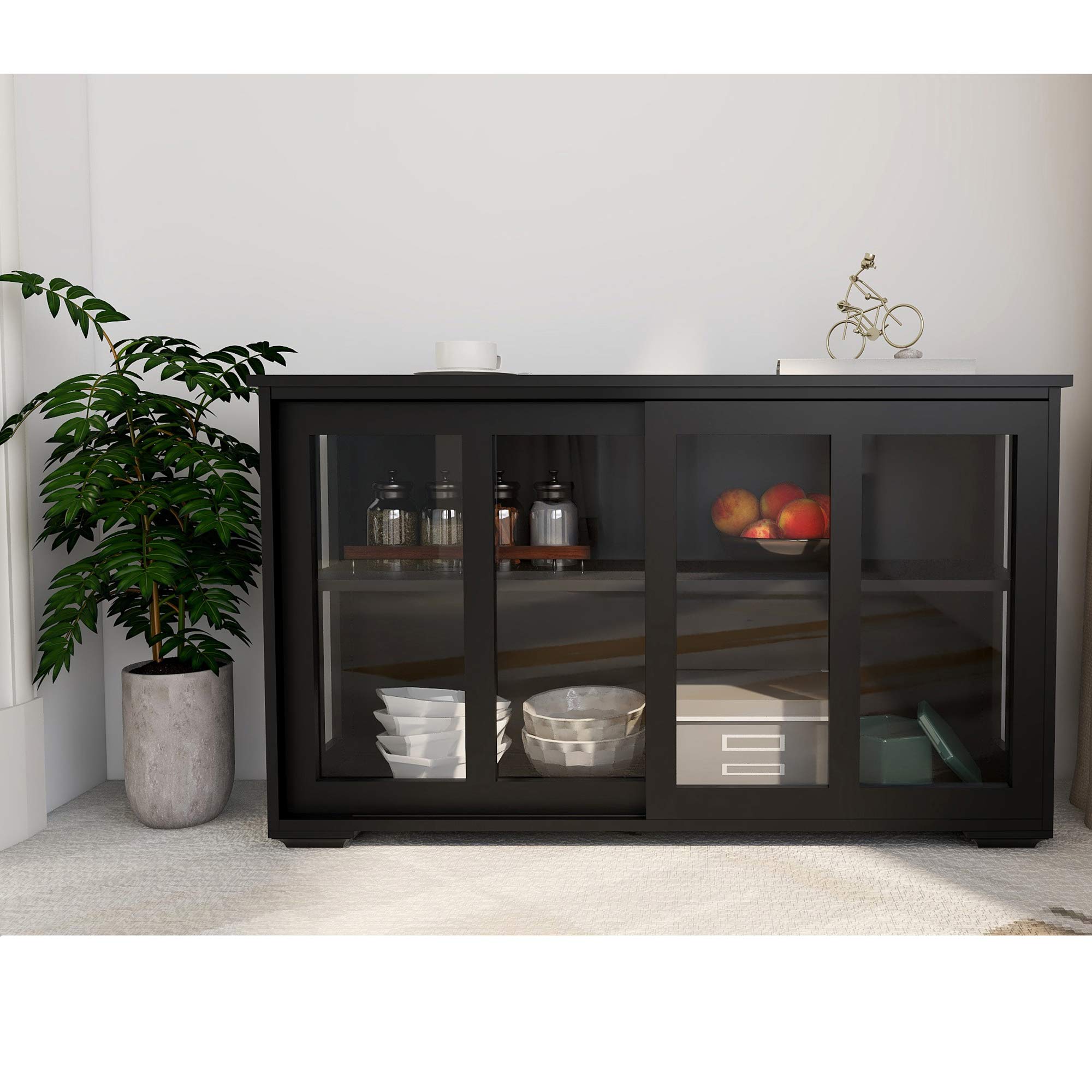 Antique Kitchen Buffet Sideboard with Sliding Glass Doors & Adjustable Shelves - Solid Wood Storage Cabinet for Dining Room, Living Room, and Kitchen Organization - Perfect for China Display, Barware Storage, and Home Decor
