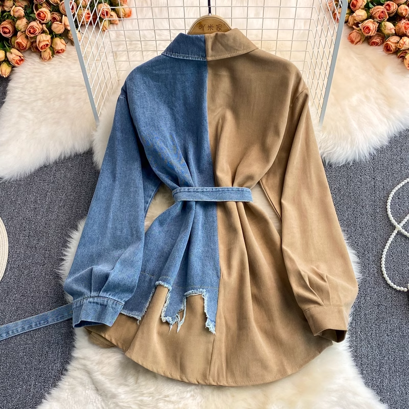 Korean Style Denim Stitching Dress - Mid Length Irregular Hem Shirt for Women | Fall Winter Fashion | Perfect for Casual Outings, Office Wear & Date Nights