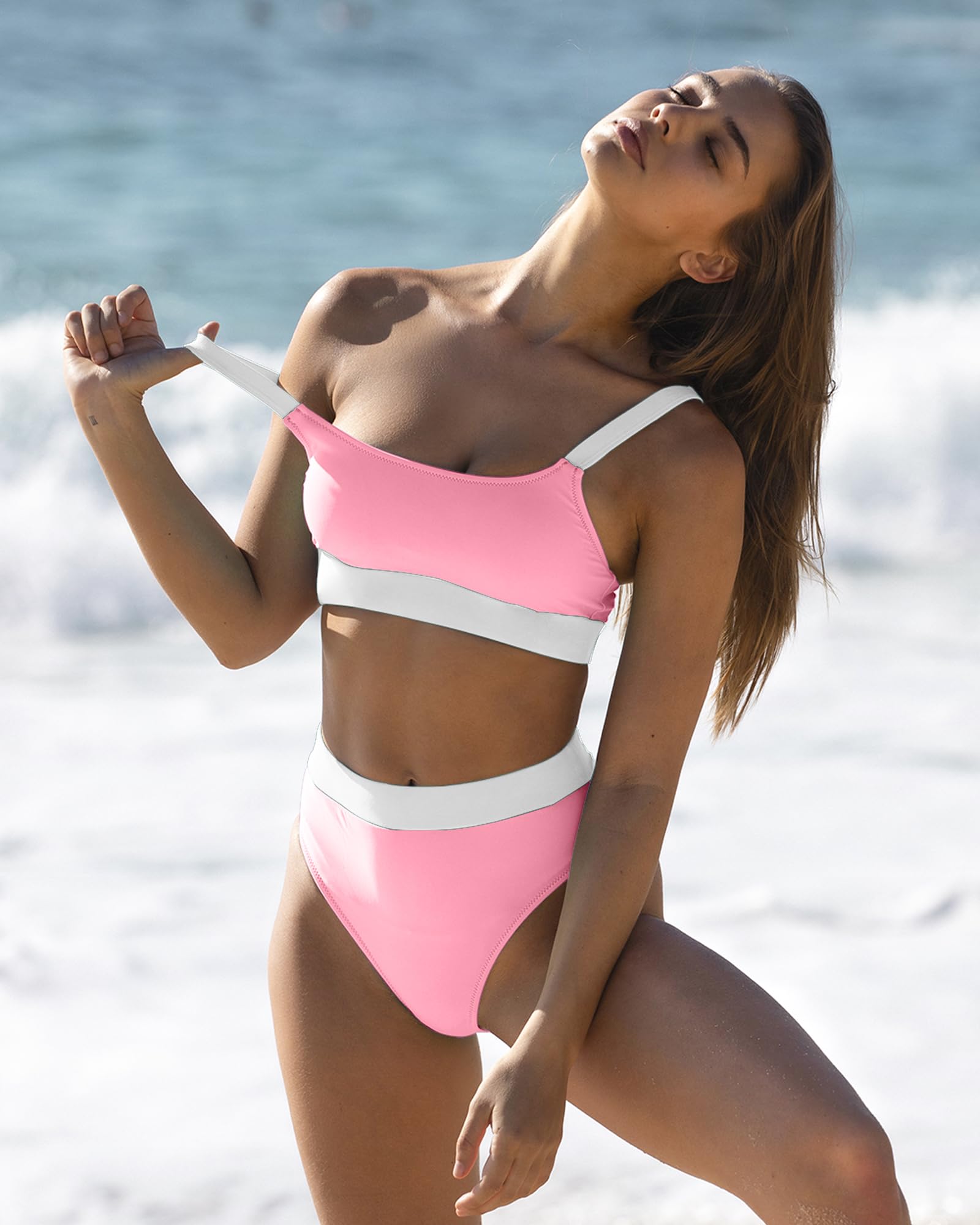 ZINPRETTY Women's High Waisted Bikini Set - Color Block Swimwear 2 Piece Bathing Suit with Tummy Control for Sporty Teens | Beach, Pool & Summer Vacation Outfits