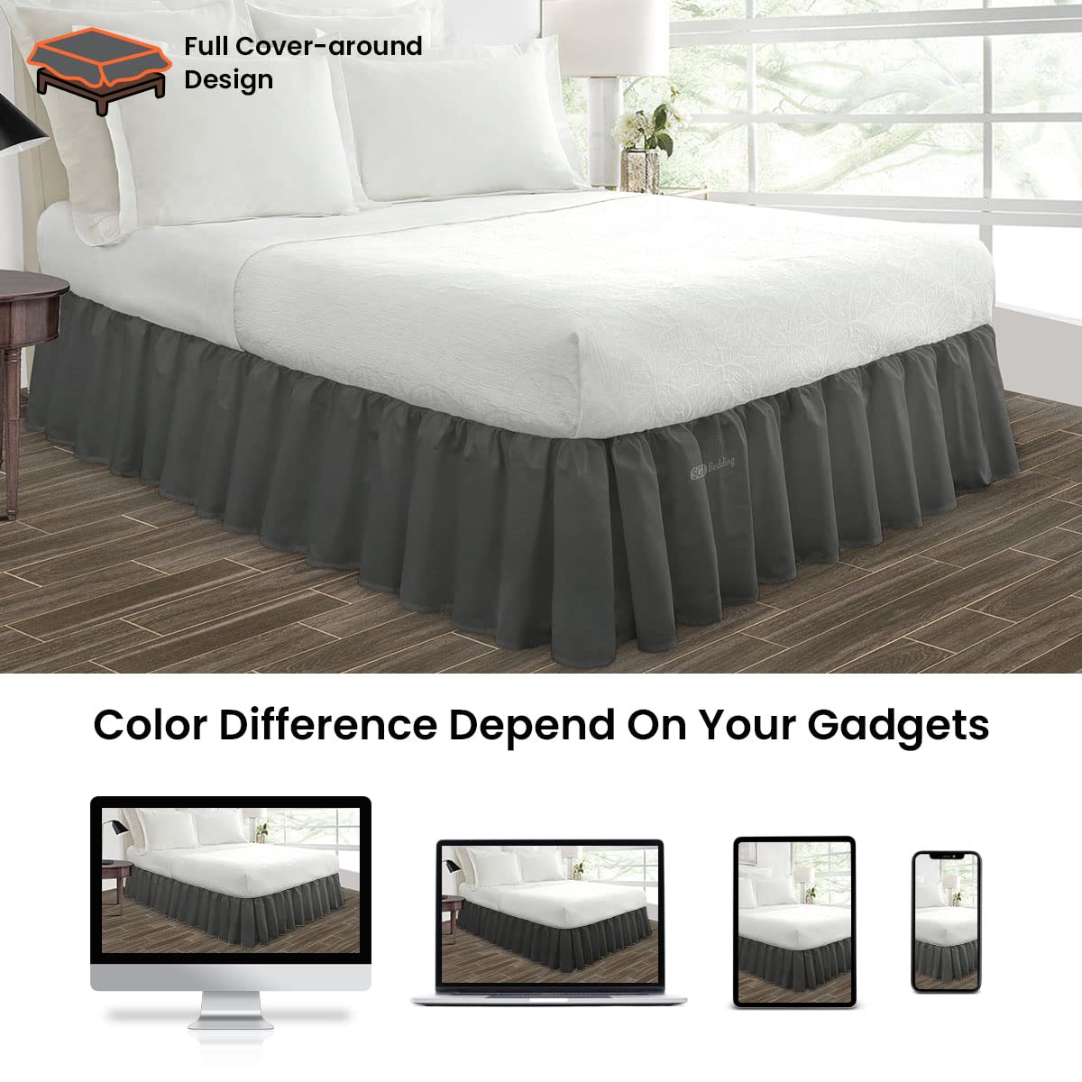 SGI Bedding 21 Inch Ruffled Bed Skirt - Soft Microfiber Dust Ruffle with Extra Storage Space - Fade, Wrinkle & Static Resistant - King Size Dark Grey - Perfect for Master Bedroom & Guest Room Decor
