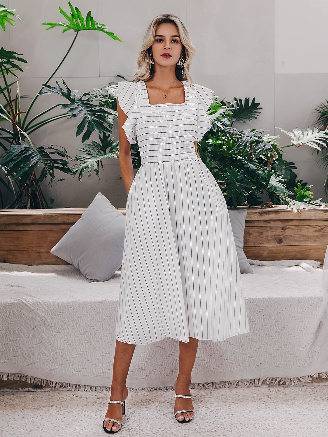 Miessial Women's Casual Summer Midi Dress - Short Sleeve Smocked Linen Boho Dress with Pockets | Beach Wedding Guest Dress, Vacation Outfit, Garden Party Attire
