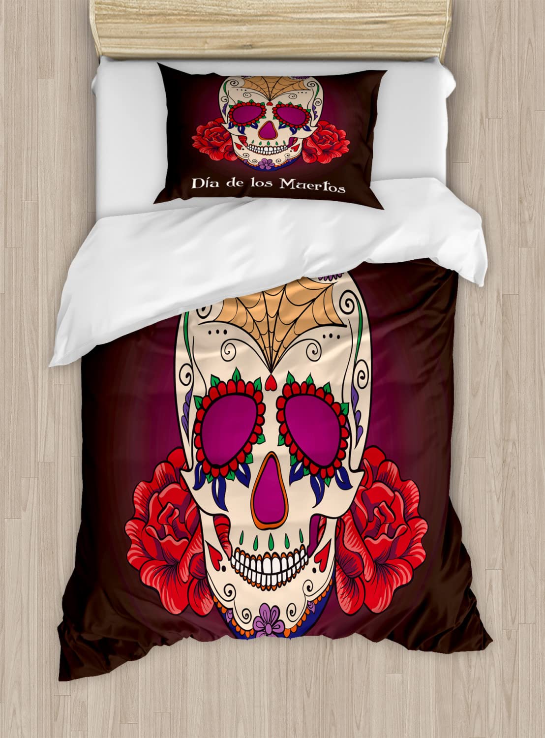 Ambesonne Day of The Dead Duvet Cover Set - Dia de Los Muertos Spanish Skull Skeleton Print Bedding - 2 Twin Size Duvet Covers & 2 Pillowcases (Plum Red Cream) - Perfect for Halloween Decor, Mexican Themed Bedroom & Cultural Home Decor