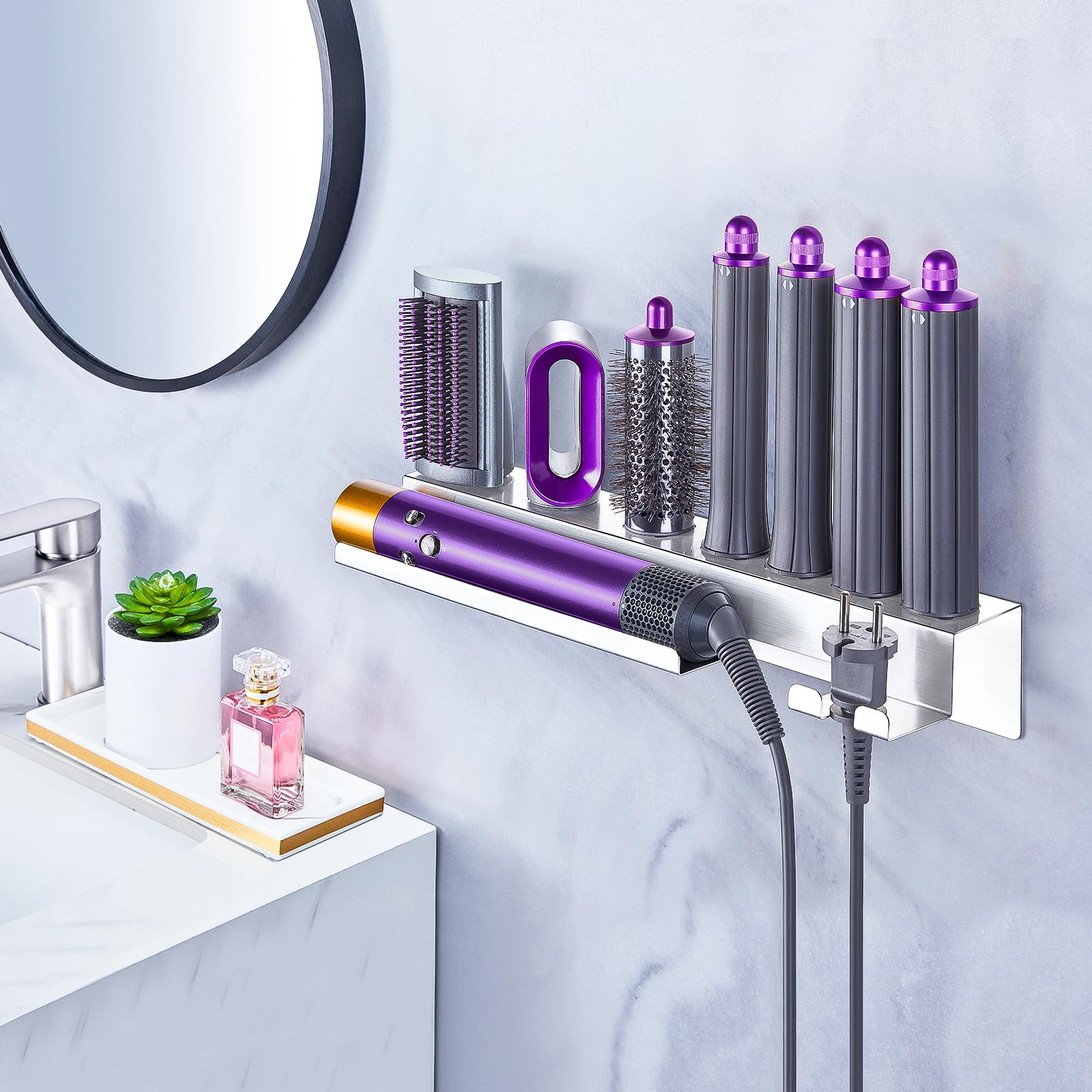 **Wall Mounted Hair Dryer Holder - 7-in-1 Styler & Curling Iron Organizer with Adhesive Backing - Bathroom Storage for Blow Dryers, Straighteners & Hair Tools (Perfect for Small Spaces & Clutter-Free Vanities)**