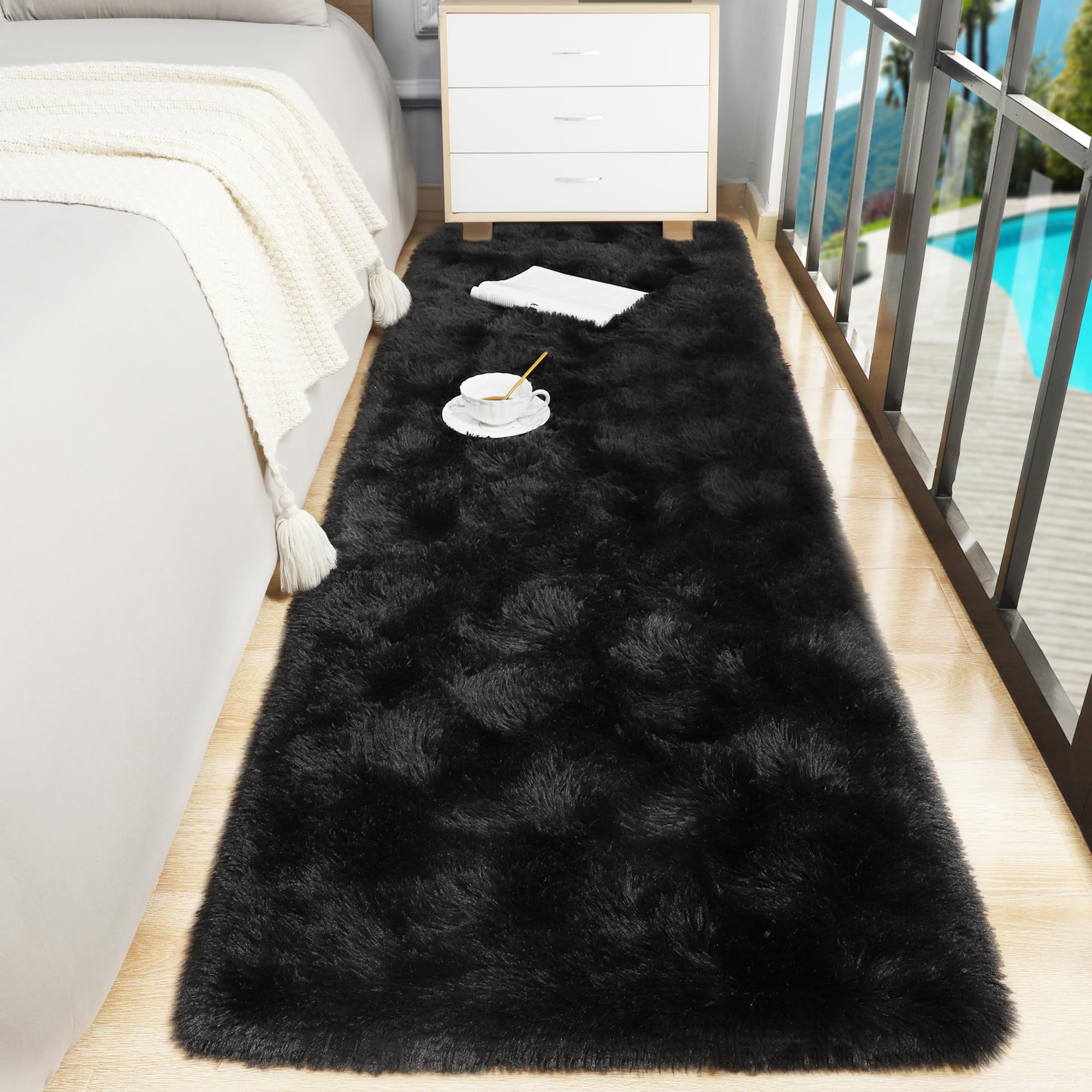 Foxmas Soft Runner Rug - 2x6 Feet Fluffy Shag Area Rug with Non-Slip Bottom for Bedroom, Living Room, Nursery, Kids Room & Dorm | Plush Carpet for Cozy Home Decor, Hallway & Bedside Use (Black)