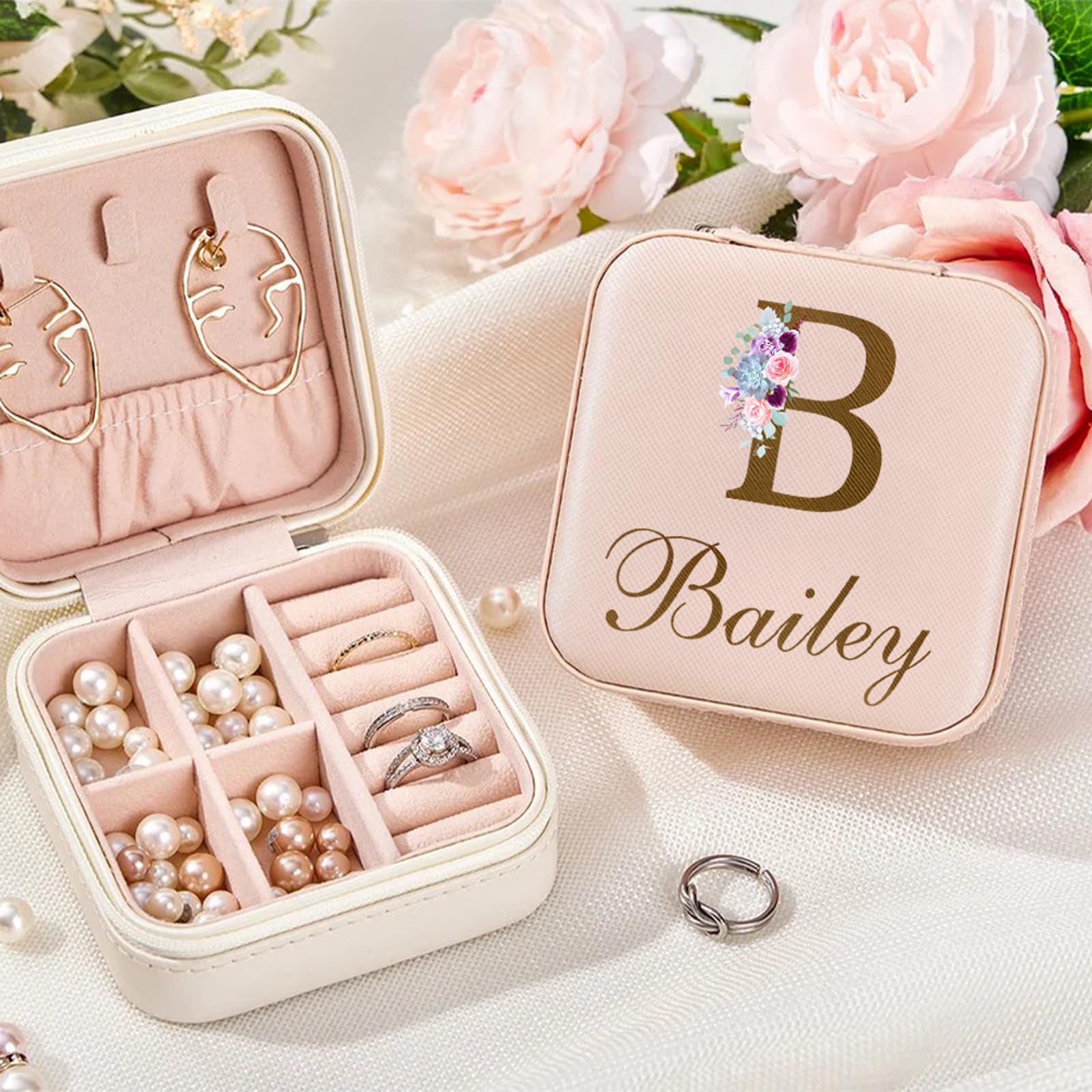 Personalized Jewelry Box - Custom Leather Travel Jewelry Case with Ring Holder | Bridesmaid Gifts, Birthday & Christmas Presents for Women | Perfect for Travel, Wedding Proposals & Gift Giving