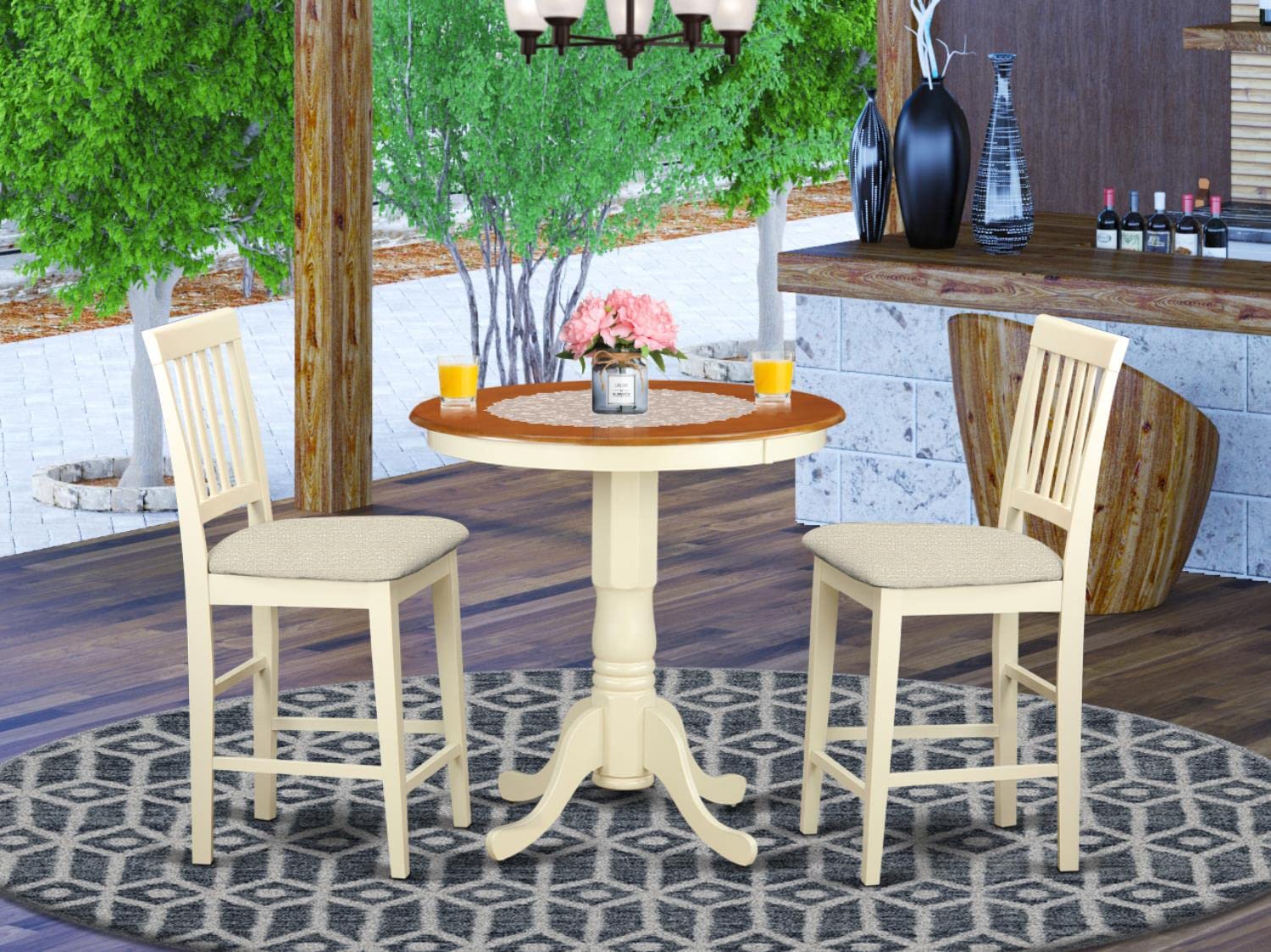 East West Furniture 3-Piece Kitchen Counter Height Dining Set - 30x30 Inch Round Table with Pedestal Base & 2 Upholstered Chairs in Buttermilk & Cherry | Perfect for Small Spaces, Breakfast Nooks, and Apartment Dining Areas