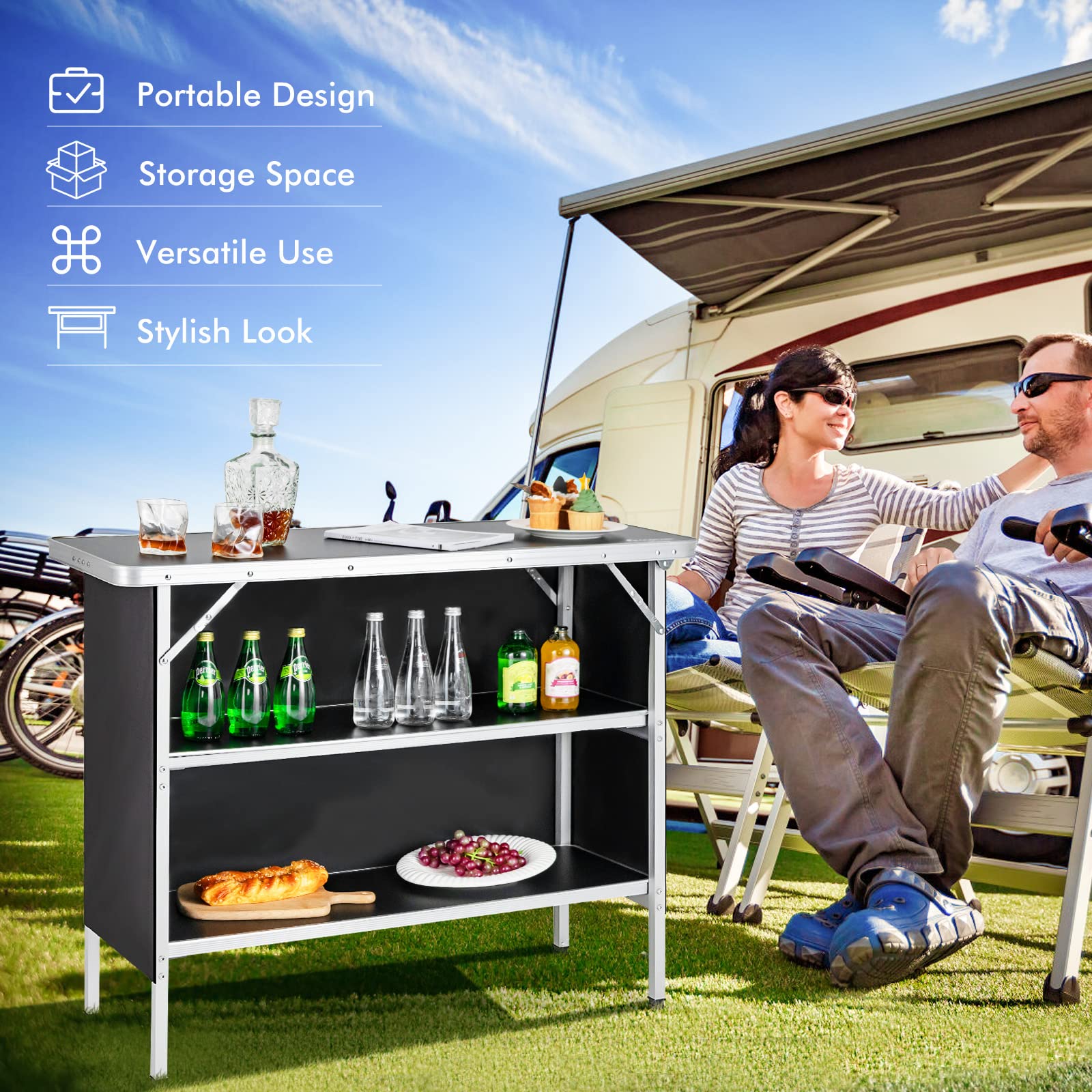 COSTWAY Folding Camping Table - Portable Aluminum Picnic Table with Carry Bag & 2 Shelves - Lightweight Outdoor Dining Table for BBQ, Party, Backyard, Beach, Tailgating & RV Camping (Black)