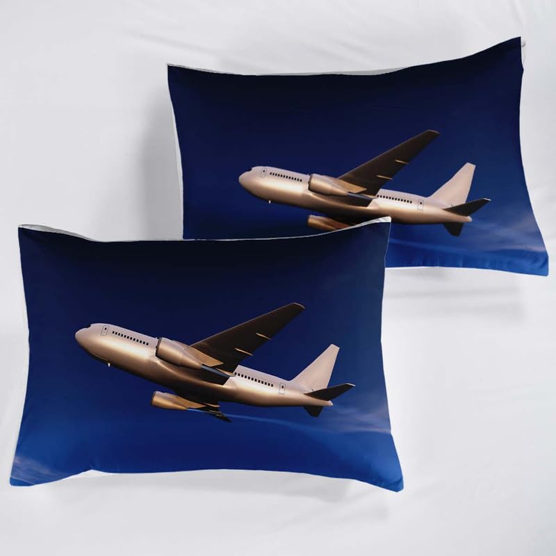 3D Printed Blue Sky Silver Aircraft Duvet Cover Set with Zipper - Twin Size Bedding Set (2Pcs) | Includes 1 Pillow Sham | Gold Sunshine Design | Perfect for Kids Room, Airplane Themed Bedroom & Unique Home Decor
